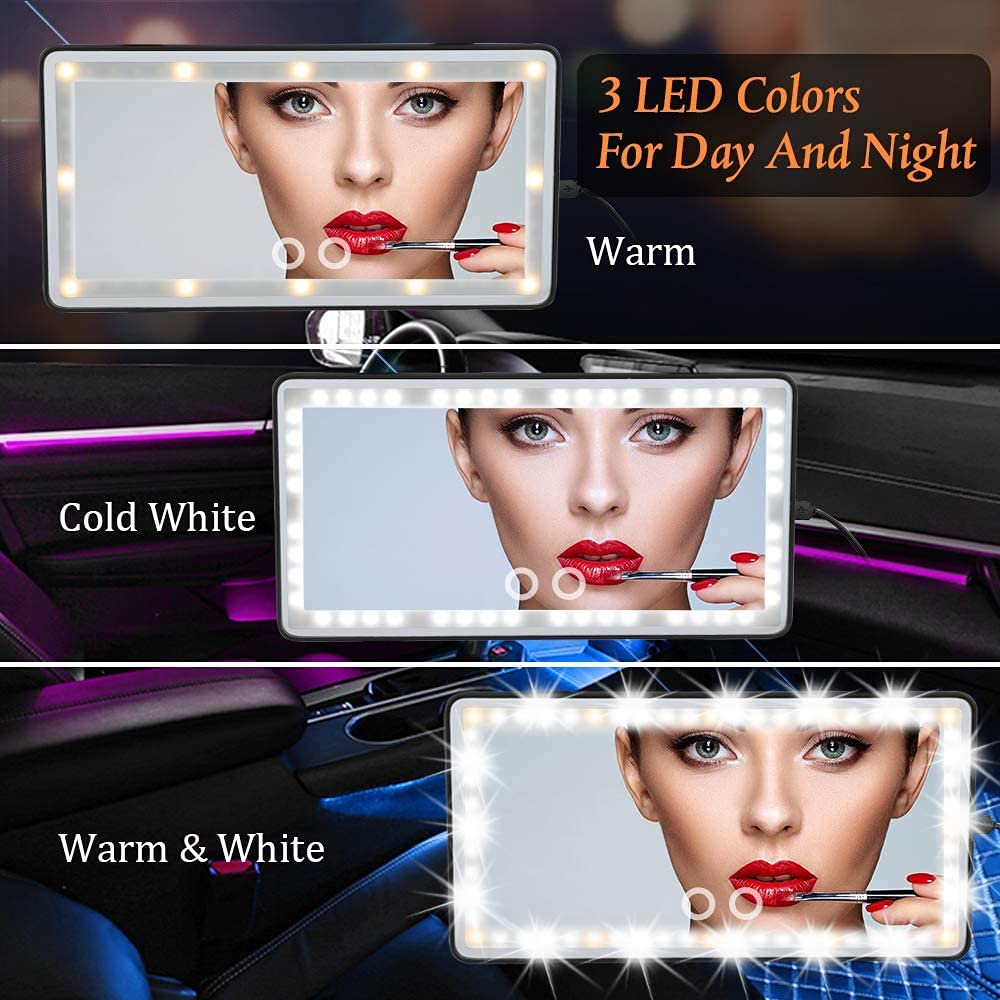 Rechargeable Car Sun Visor Vanity Mirror with 60 LED Lights & 3 Light Modes - Dimmable Touch Control Cosmetic Mirror for Women - Perfect for Makeup, Shaving & Grooming in Car, SUV or Travel (Black)