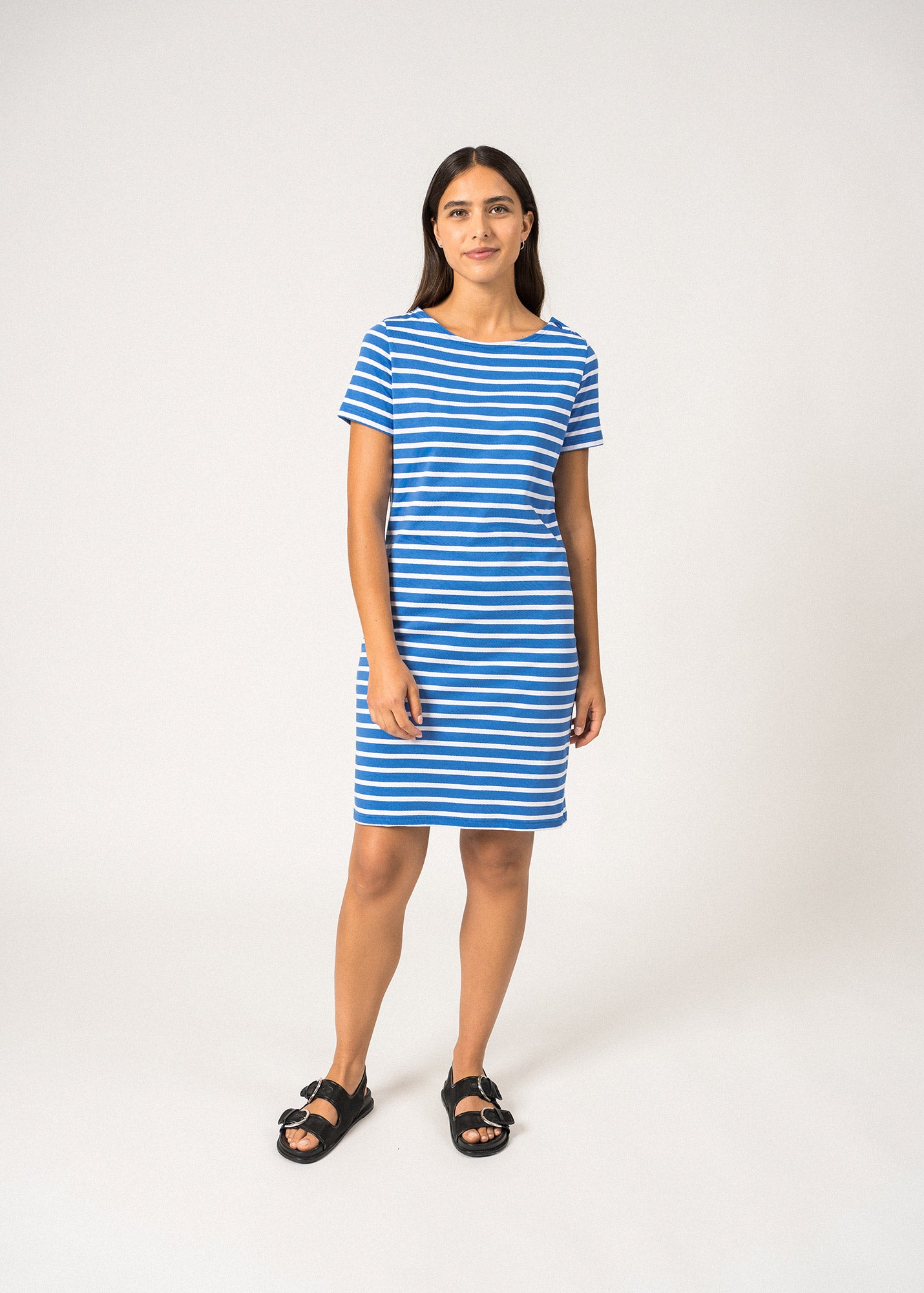 VILLEFRANCHE Women's Round Neck Dress with Tone-on-Tone Shoulder Buttons | Lightweight Soft Cotton Fabric | Mer Blue & White Color Block | Casual Summer Dress for Beach, Office & Date Night