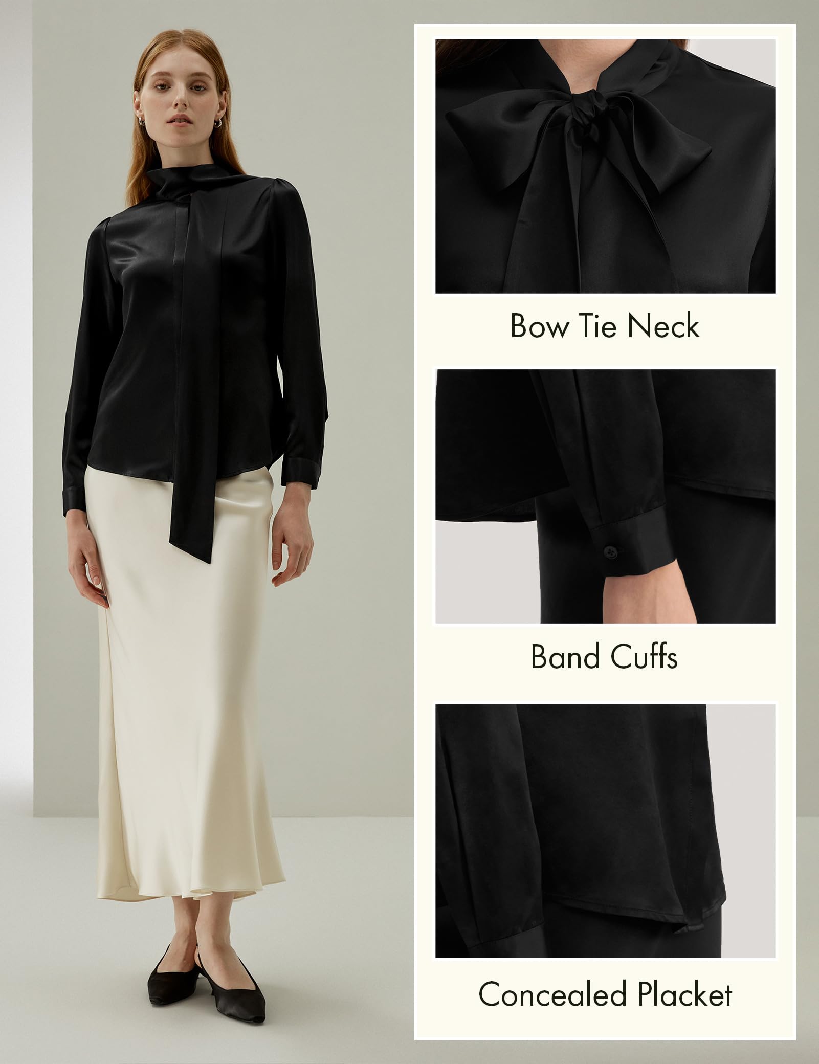 LilySilk Women's Vintage Bow-Tie Neck Silk Blouse - Long Sleeve Button Down Real Silk Shirt for Office, Party & Special Occasions