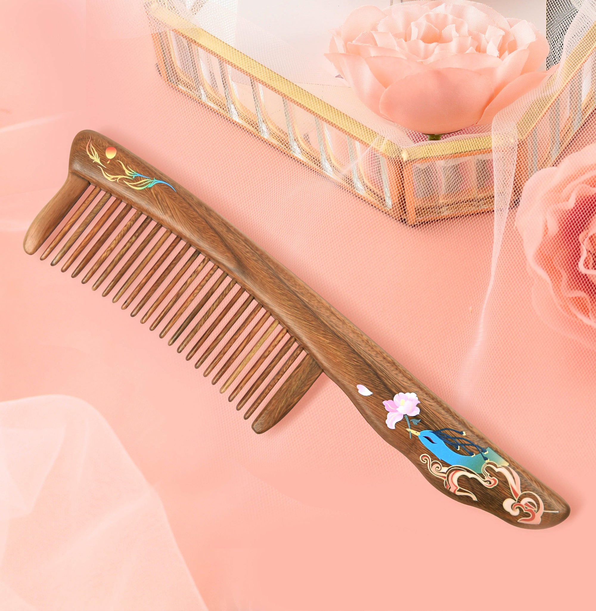 Premium Sandalwood Hair Comb with Blue Bird Design - Natural Wooden Comb for Detangling & Styling - Perfect for Daily Hair Care, Gifts & Travel