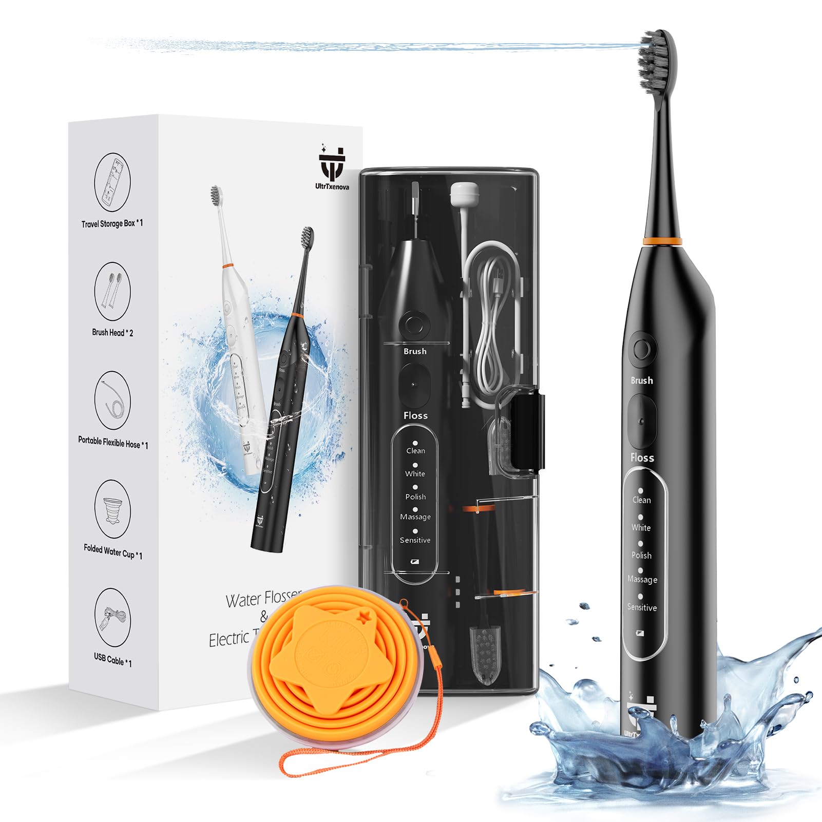 Electric Toothbrush with Water Flosser 2-in-1 - 6 Cleaning Modes, Sonic Technology, Travel Case & Timer - Portable Oral Care Kit for Home & Travel (Black) - Perfect for Daily Dental Hygiene & On-the-Go Use