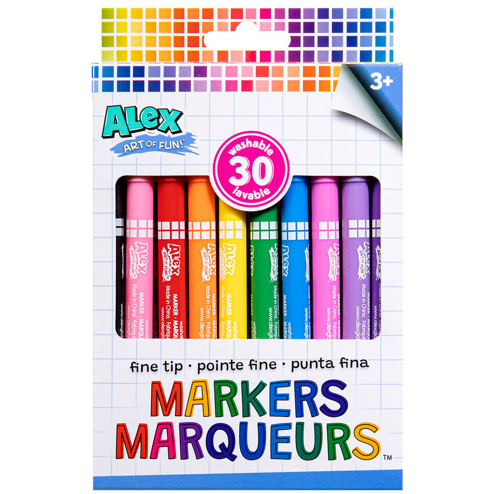 Alex Art of Fun Fine Tip Markers 30 Pack - Vibrant Washable Non-Toxic Markers for Kids Age 3+ | Perfect for Coloring Books, School Projects & DIY Crafts