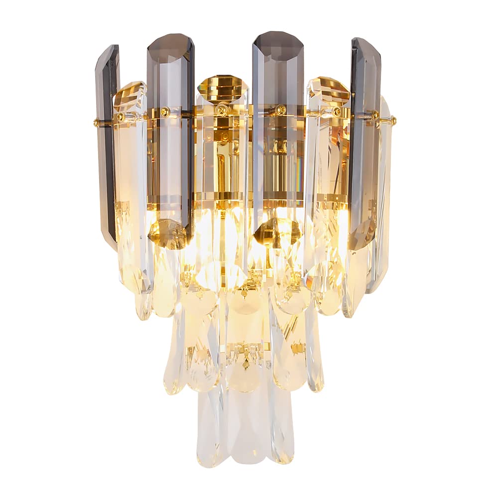 Modern Crystal Wall Lights 2-Lights Gold Wall Sconce Lamp - Elegant Crystal Wall Mounted Bedside Light with Stainless Steel Fixture for Living Room, Bedroom, Stairway - Perfect for Ambient Lighting and Home Decor