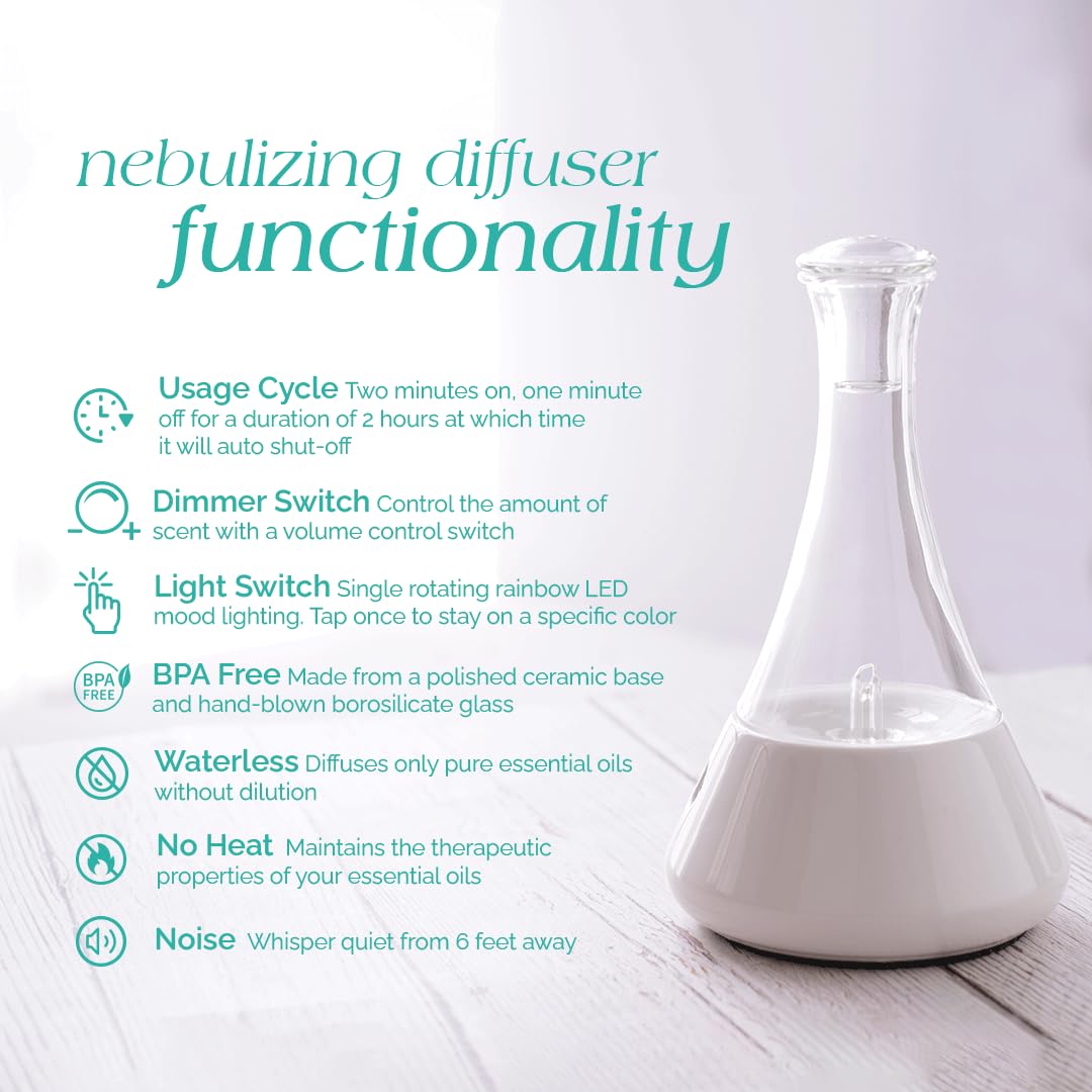 Premium Nebulizing Essential Oil Diffuser for Aromatherapy - Ceramic Floral Base & Hand-Blown Glass with Touch Sensor - No Heat, No Water, No Plastic - Perfect for Home Spa, Yoga, Meditation & Bedroom Relaxation