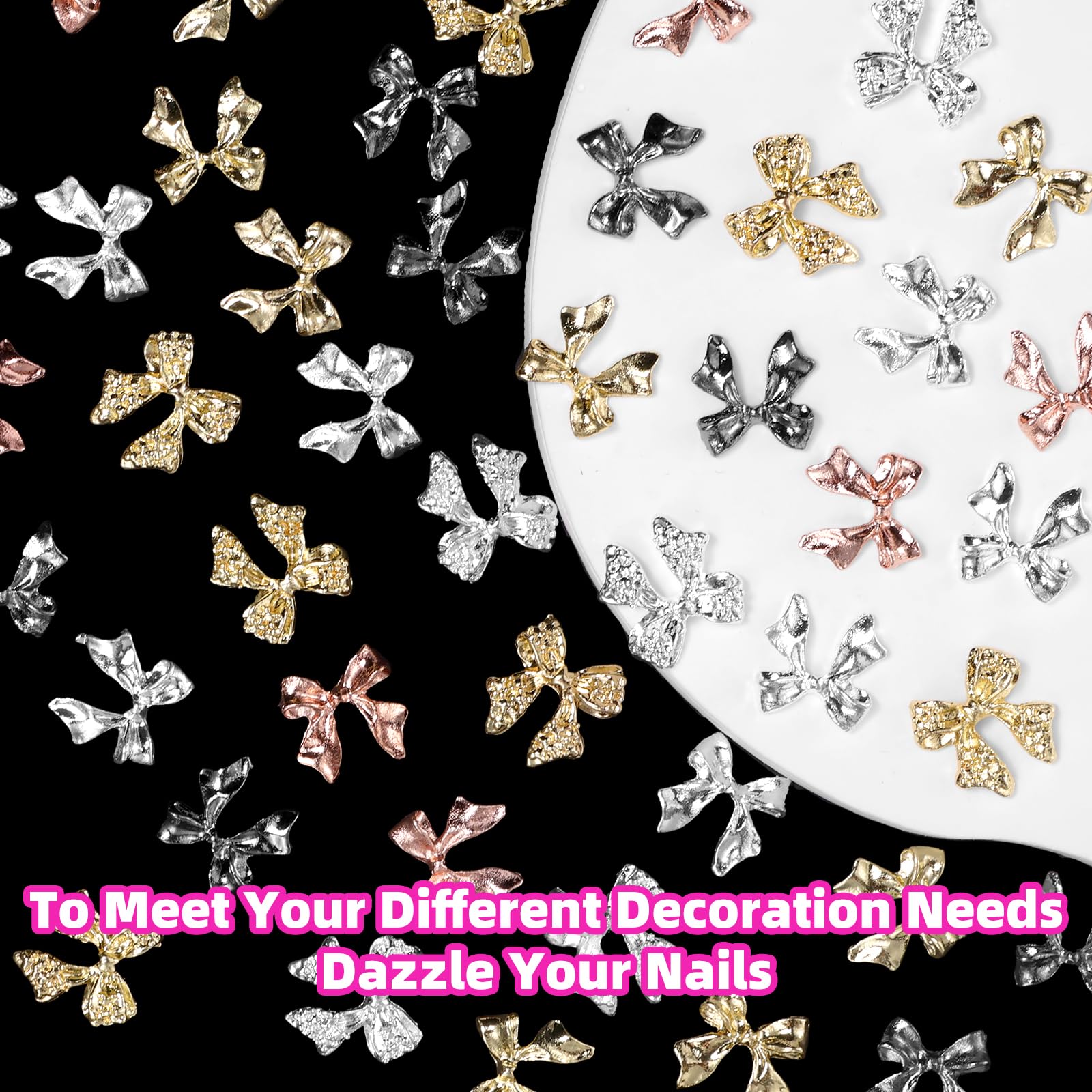 60 Pcs Metal Bow Nail Charms - 3D Golden Silver Gray Alloy Bowknots for Acrylic Nails DIY - Luxury Shiny Bow Tie Nail Gems - Perfect for Nail Art, Manicures, and Professional Salon Use