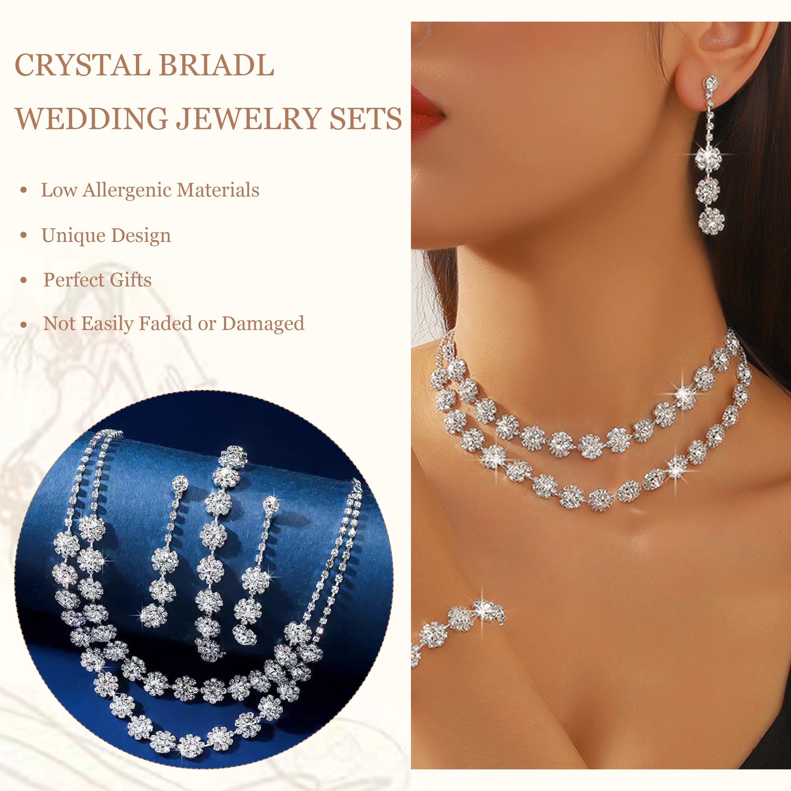 HUASAI Silver Rhinestone Jewelry Set for Women - Necklace, Earrings & Bracelet - Prom, Wedding, Party Dress Accessories - Perfect for Formal Events, Evening Gowns and Special Occasions