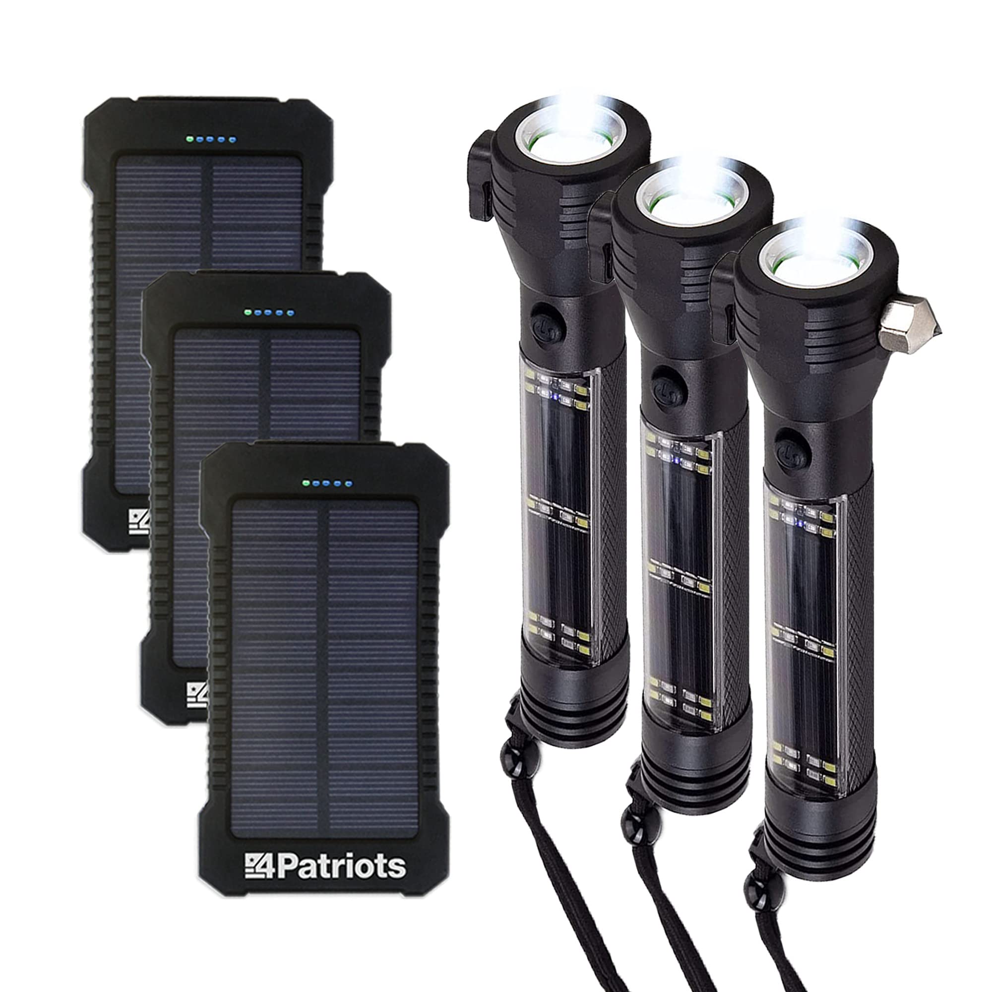 4PATRIOTS: 3 Patriot Power Cell & Multi-Function Flashlight Bundle - Portable Solar Power Bank, Emergency Solar Powered Tactical Flashlight, Rechargeable External Battery with 3 USB Ports | Perfect for Camping, Hiking, Power Outages & Emergency Preparedness