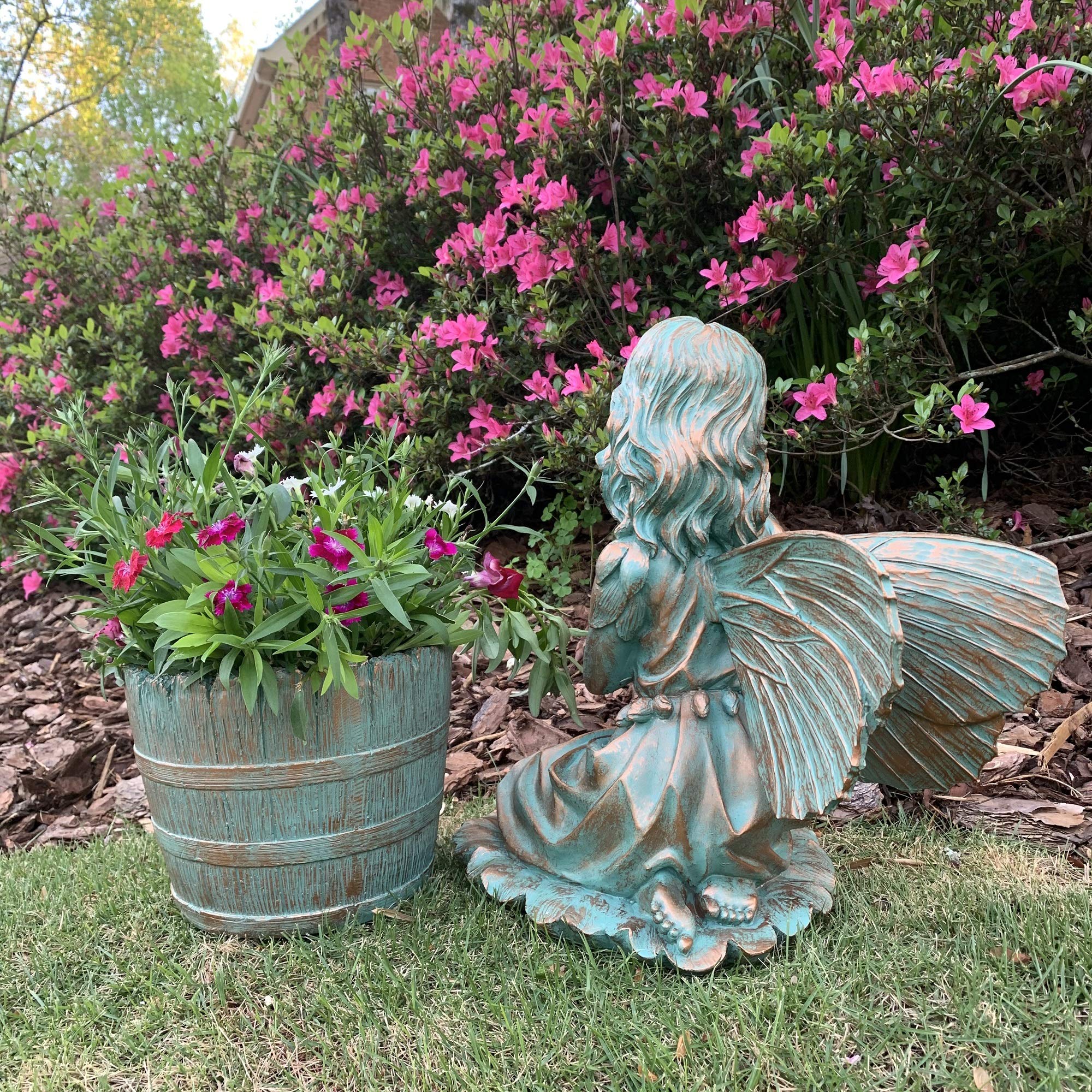 14 Inch H Gabriella Fairy Statue with Bronze Patina Barrel Planter Pot - Elegant Home & Garden Decor for Outdoor Patio, Fairy Garden, and Indoor Display