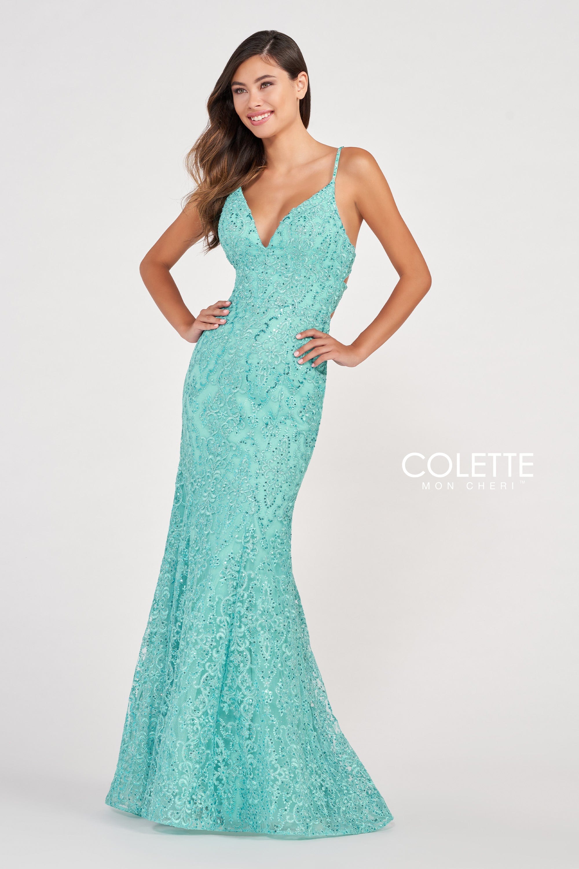 Elegant Colette Mon Cheri Prom Dress - Mermaid Silhouette, V-Neck Lace with Spaghetti Straps (Style CL2010) | Perfect for Homecoming, Prom Night & Formal Events