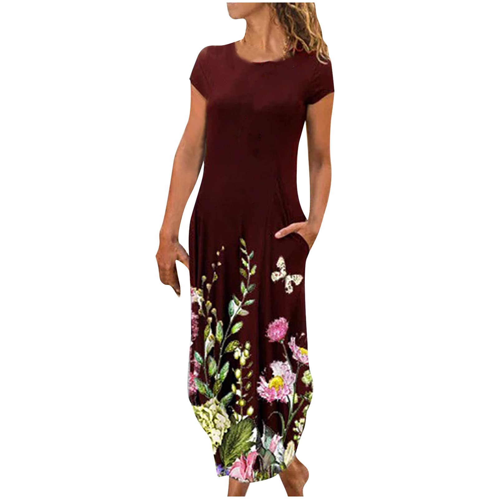 Women's Floral Print Summer Midi Dress - Casual Short Sleeve Round Neck Ankle-Length Dress for Beach, Vacation & Everyday Wear