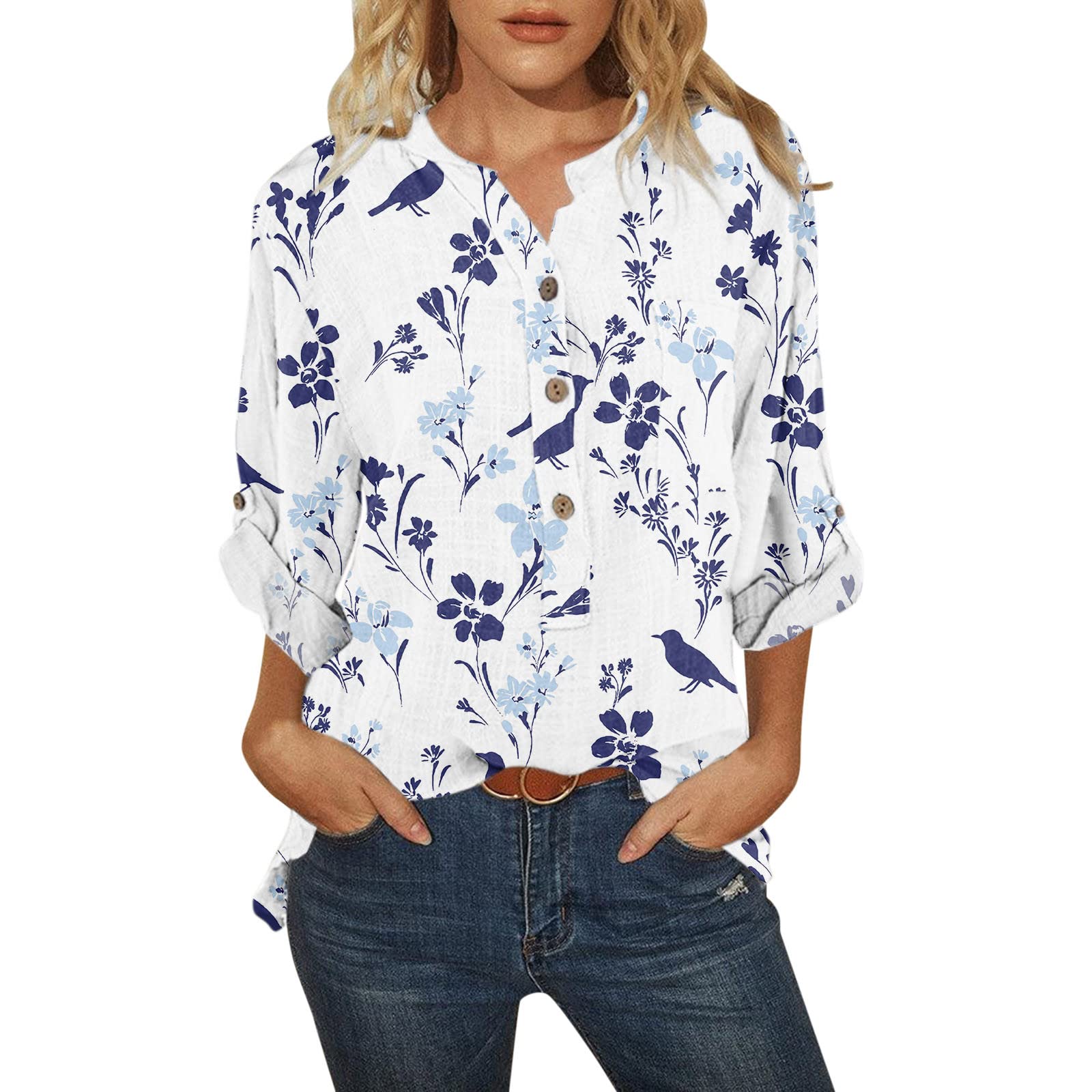 Women's Sexy Casual Loose Fit Floral Button Down Shirts - Long Sleeve V-Neck Office Blouse for Work & Everyday Wear | Perfect for Business Casual, Dating & Weekend Outfits