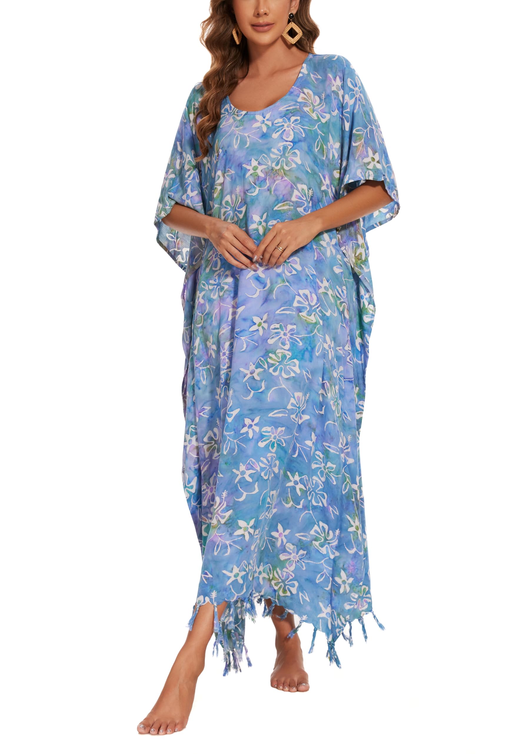 Beautybatik Moss Green Women's Hand Blocked Batik Rayon Caftan - Boho Maxi Dress for Plus Size (XL to 4X) | Perfect for Beach Cover-Up, Summer Loungewear & Vacation Outfits