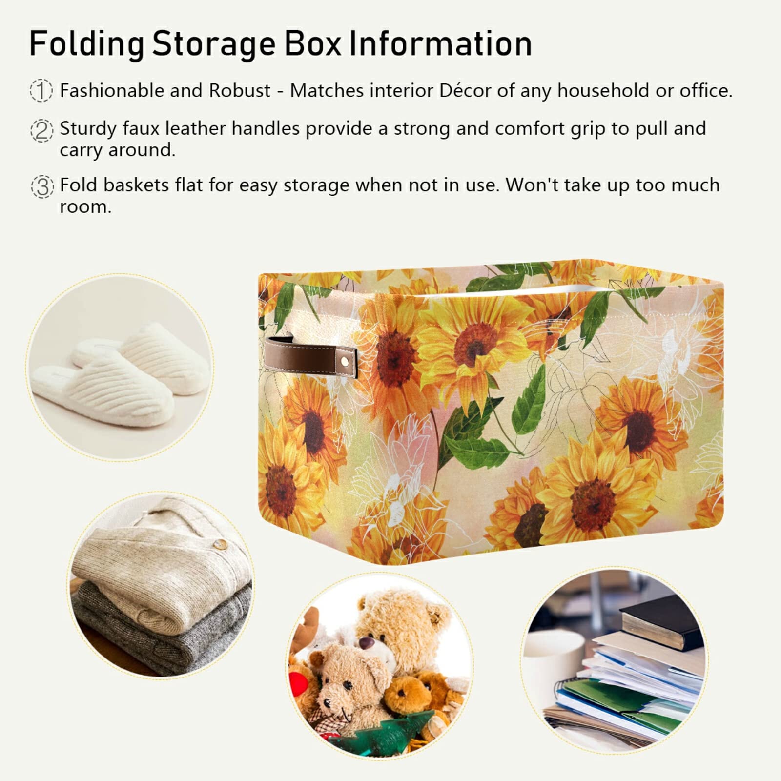 **AUUXVA Collapsible Canvas Storage Bins with Handles - 2 Pack Large Sunflower Flower Painting Cube Box for Toys, Clothes, Home, Office, Bedroom & Closet Organization | Perfect for Shelves, Under Bed & Kids Room Storage**