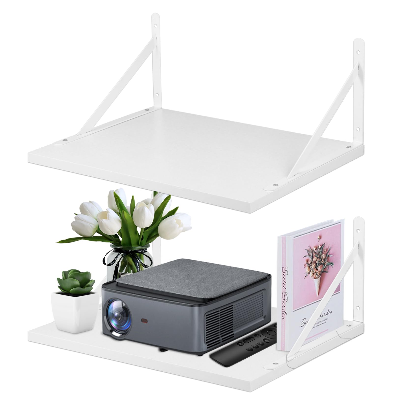 2-Pack Projector Wall Mount Shelf - Heavy Duty Floating Shelves for Projector, Modem, Router & Cable Box - Universal Wall Mount Rack Holder for Living Room, Bedroom & Home Theater Setup