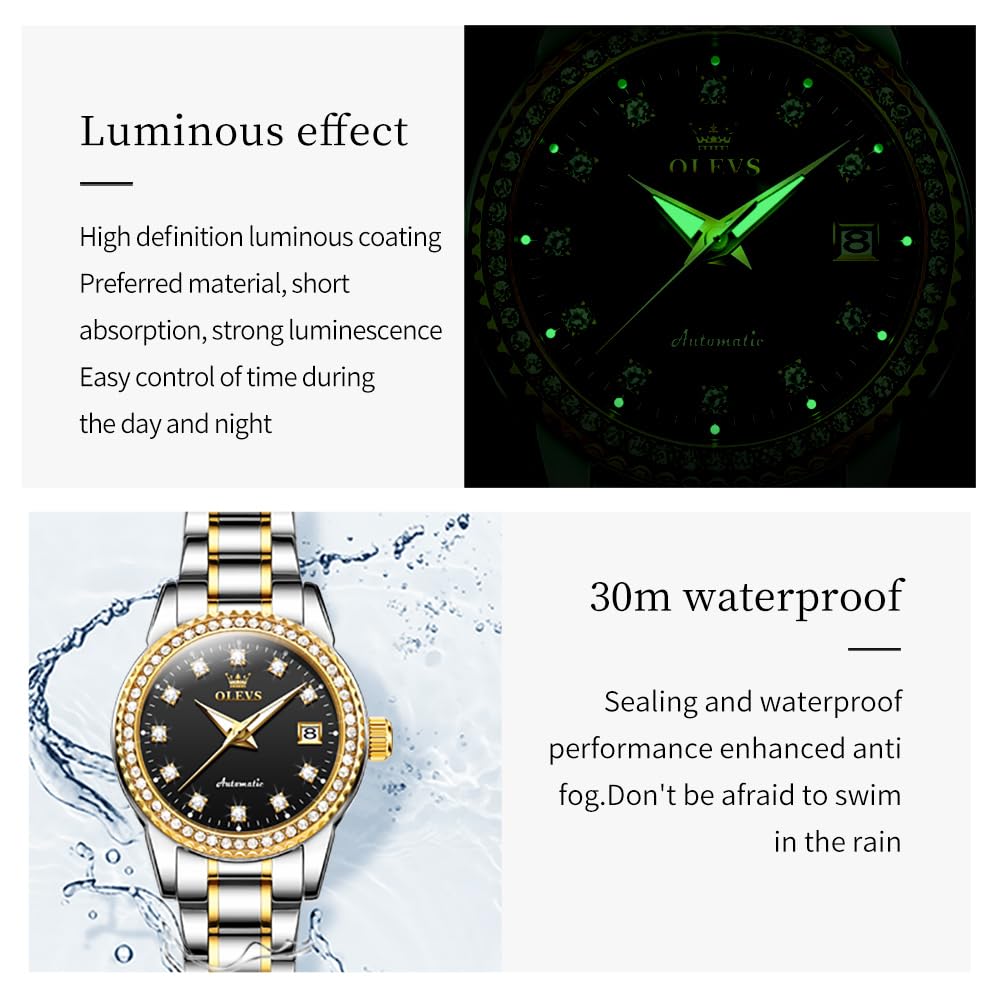 OLEVS Women's Diamond Automatic Self-Winding Watch - Stainless Steel Dress Watch with Luminous Hands & Waterproof for Business, Party & Everyday Wear