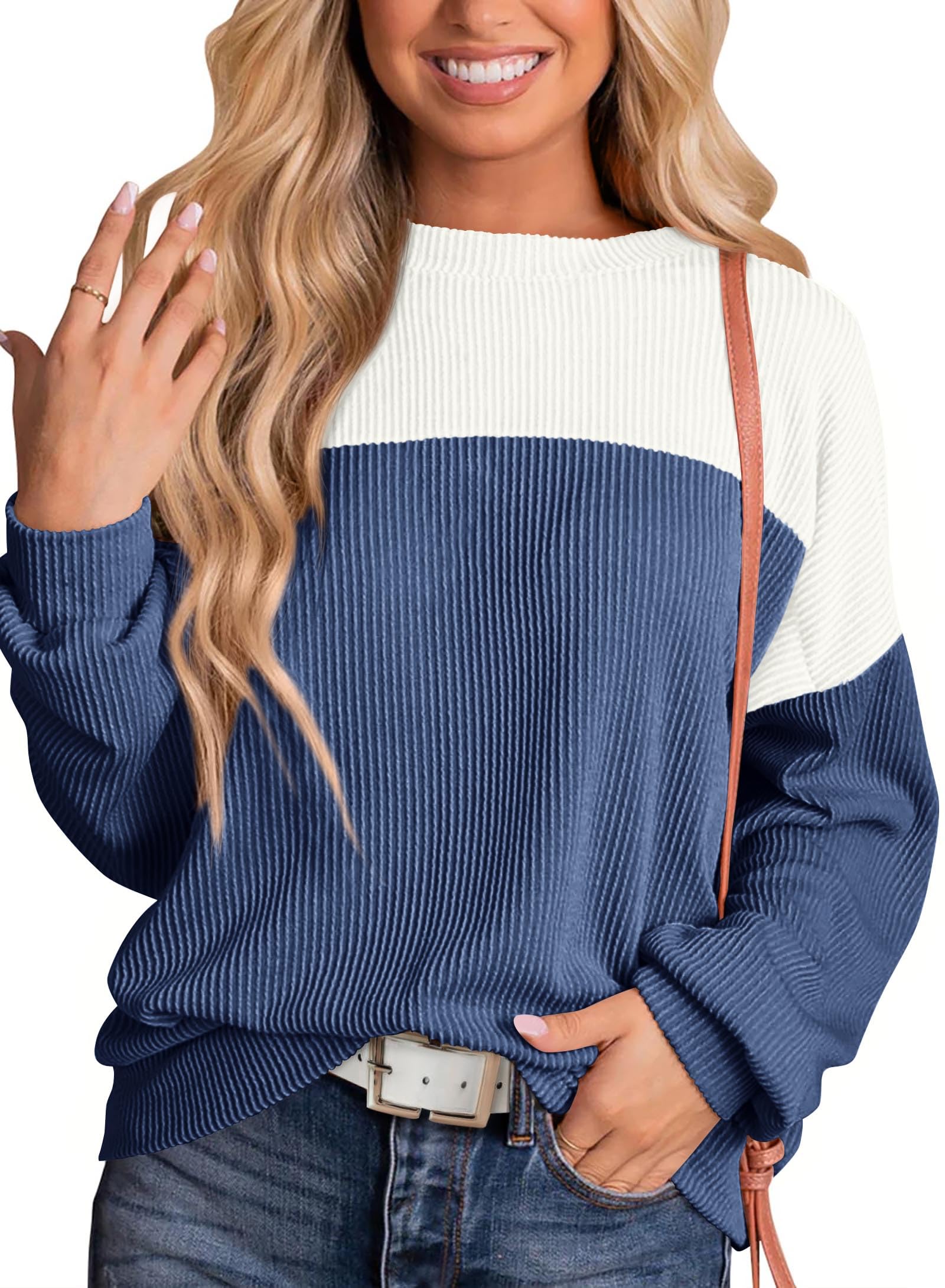 KIRUNDO Women's Ribbed Long Sleeve Knit Top - Color Block Casual Crewneck Pullover Shirt | Spring Fashion 2025 | Loose Fit Comfortable Clothing for Work, Travel & Daily Wear