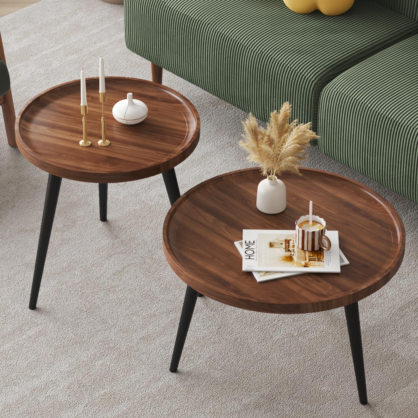 2 Pcs Mid Century Modern Round Coffee Tables - Easy Assembly Nesting Tables for Living Room, Bedroom, Office, Balcony & Yard - Minimalist Walnut Circle Coffee Tables for Home Decor & Small Spaces