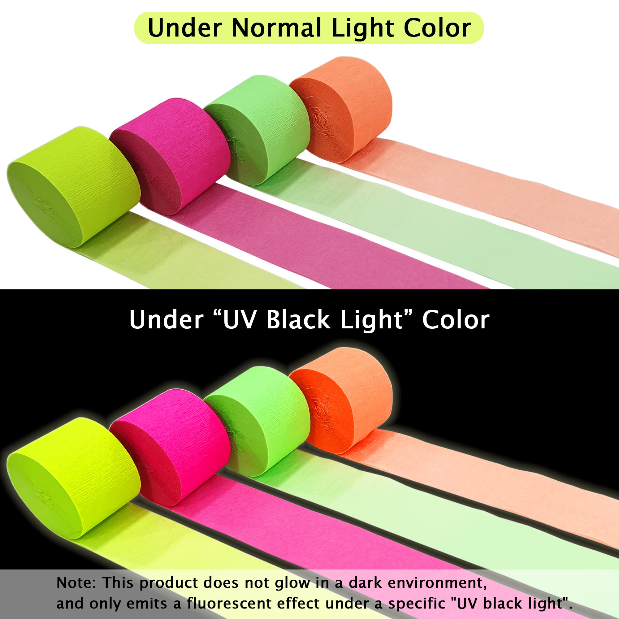 Glow in The Dark Party Streamers - 8 Rolls Neon Crepe Paper Decorations for Blacklight, Fluorescent Reactive Party Supplies | Perfect for Neon Parties, Birthday Celebrations, Raves & Nightclub Events