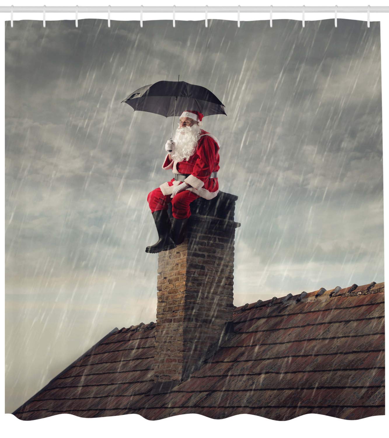 Ambesonne Christmas Shower Curtain - Santa on Chimney with Umbrella in Rain Design, Extra Wide 105 Inch Waterproof Fabric Bathroom Decor with Hooks, Vermilion Dark Taupe & Dusk - Perfect for Holiday Bathroom Decorations and Festive Home Styling