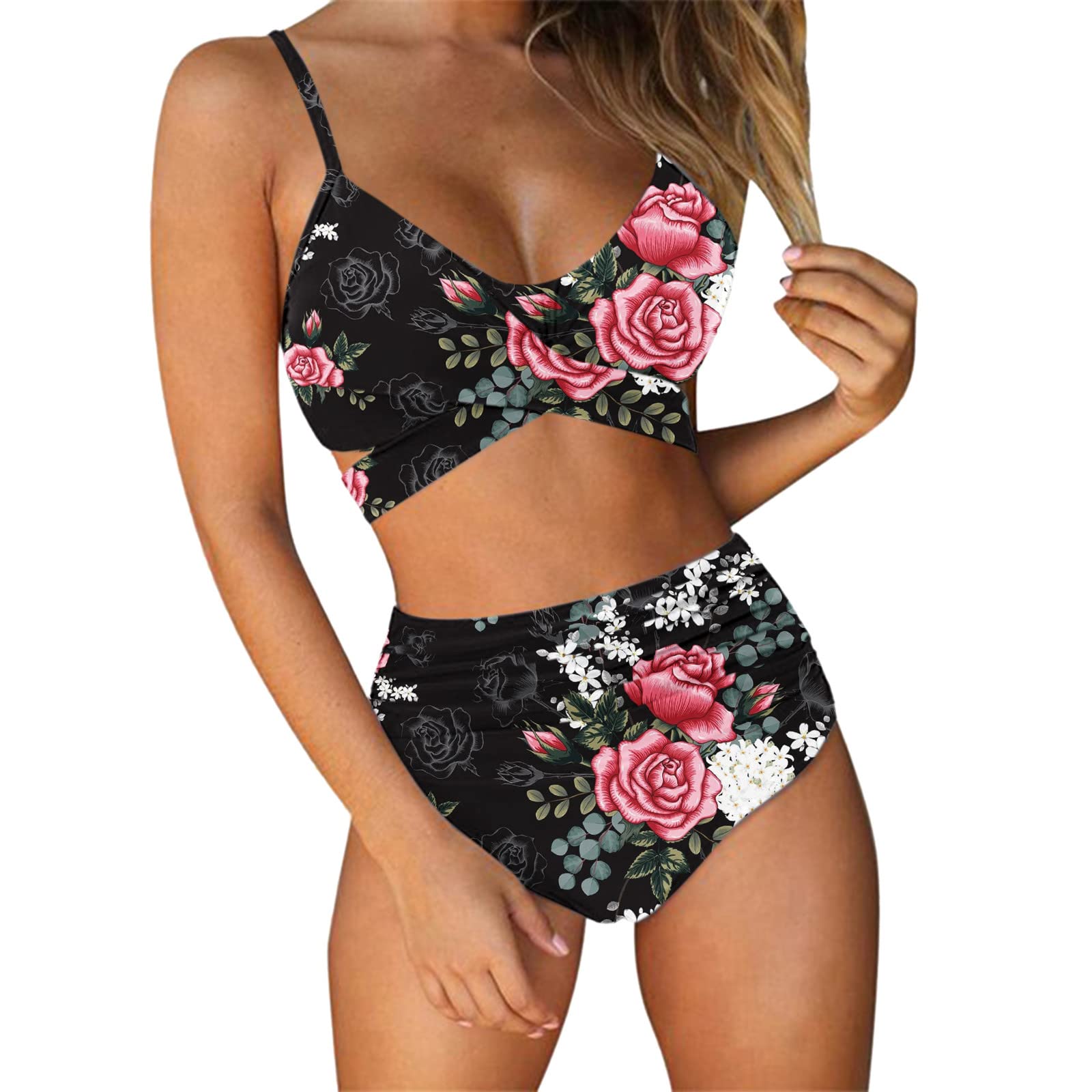 Women's Floral Print Criss Cross Waisted 2 Piece Swimsuit - High Waist Bikini Set for Teen Girls, Perfect for Beach Vacations, Pool Parties & Summer Getaways