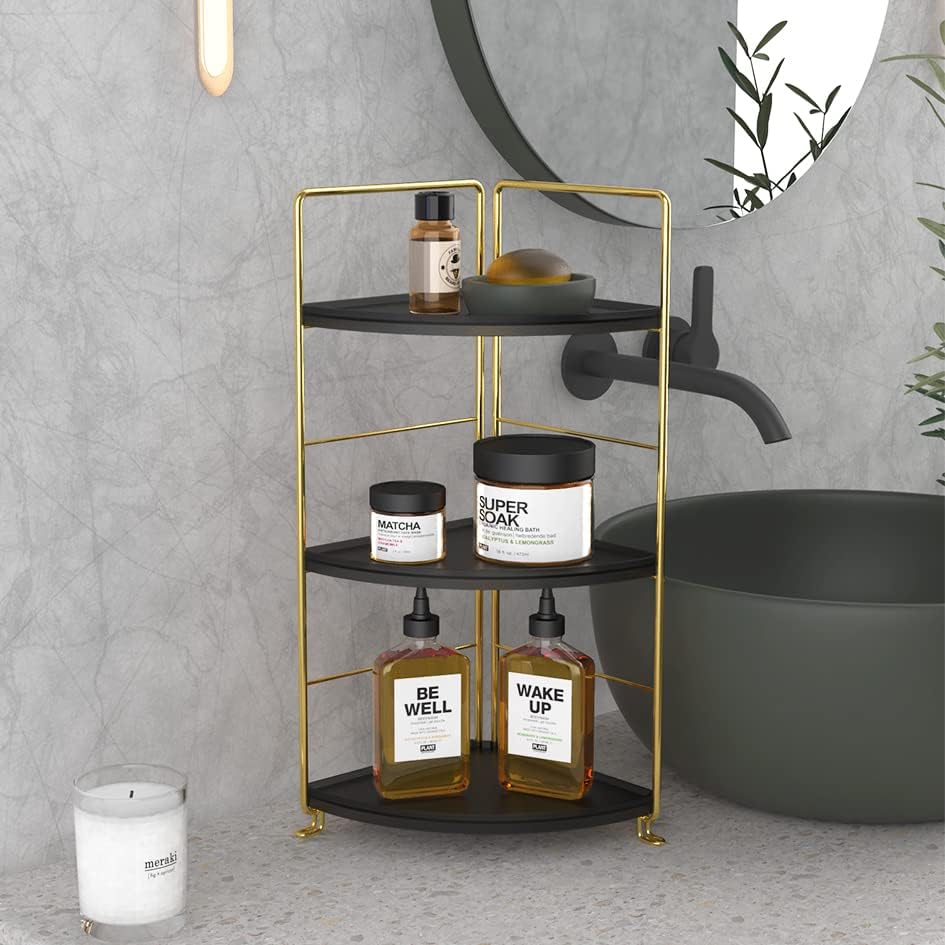 3-Tier Corner Bathroom Organizer Countertop Storage Shelf - Plastic Vanity Tray for Makeup, Jewelry & Toiletries - Space-Saving Organizer for Kitchen, Bathroom, Dresser (Gold) - Perfect for Small Spaces & Clutter-Free Countertops