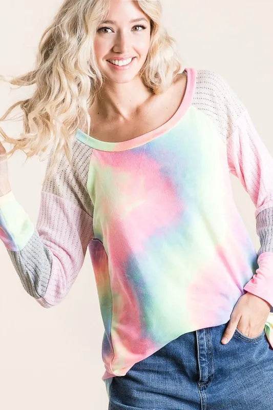 Pastel Tie Dye Bibi Terry Top with Color Block Pointelle Knit - Soft & Stylish Women's Casual Shirt for Summer Outings & Beach Vacations