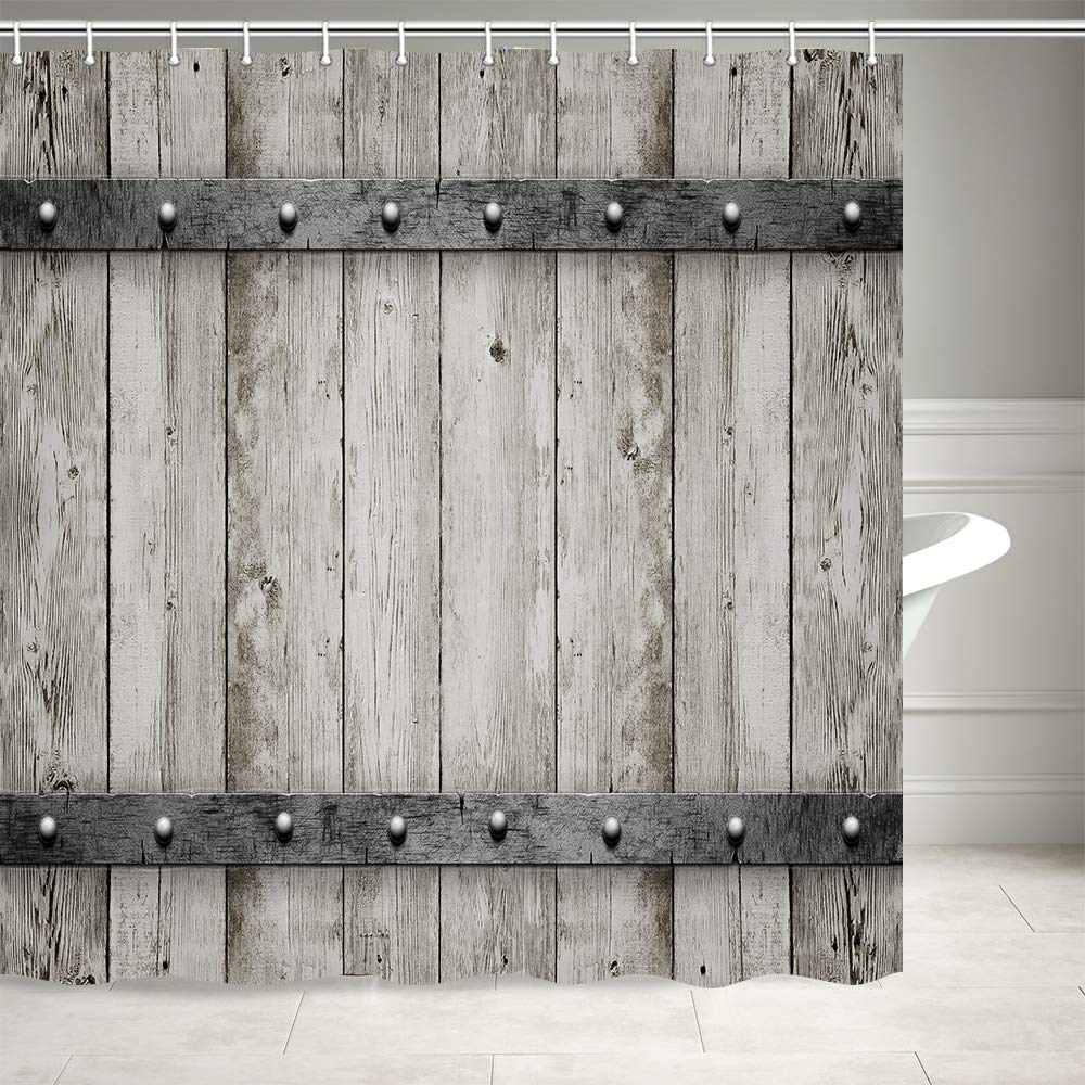 Rustic Barn Door Shower Curtain - Wooden Design with Metal Texture, Western Country Theme Bathroom Decor, 69