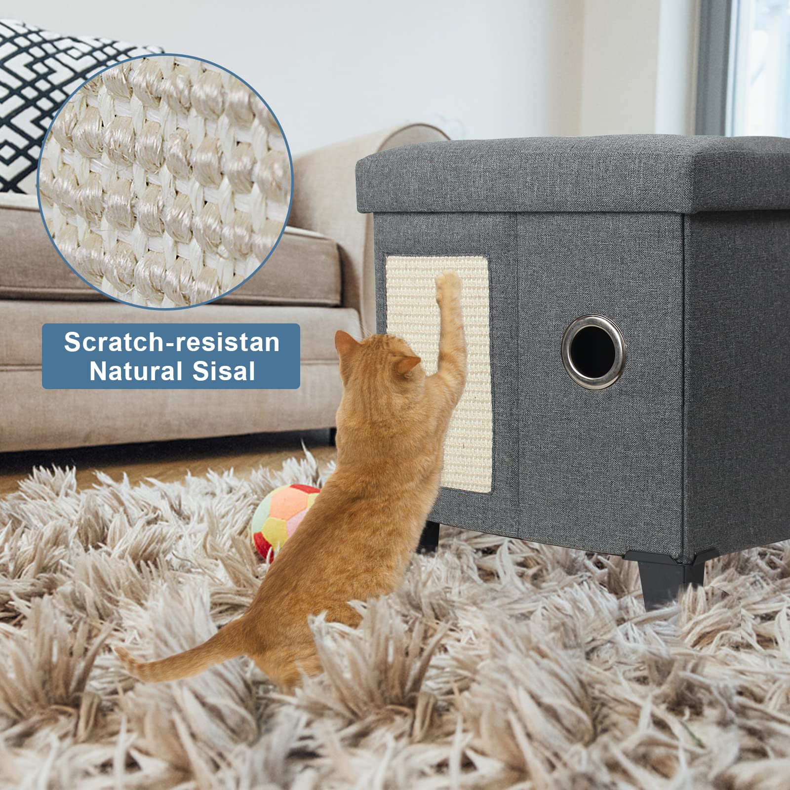 BRIAN & DANY Foldable Cat Bed for Indoor Cats - Large Cat Cube House with Scratch Board & Toy Ball, 14.5