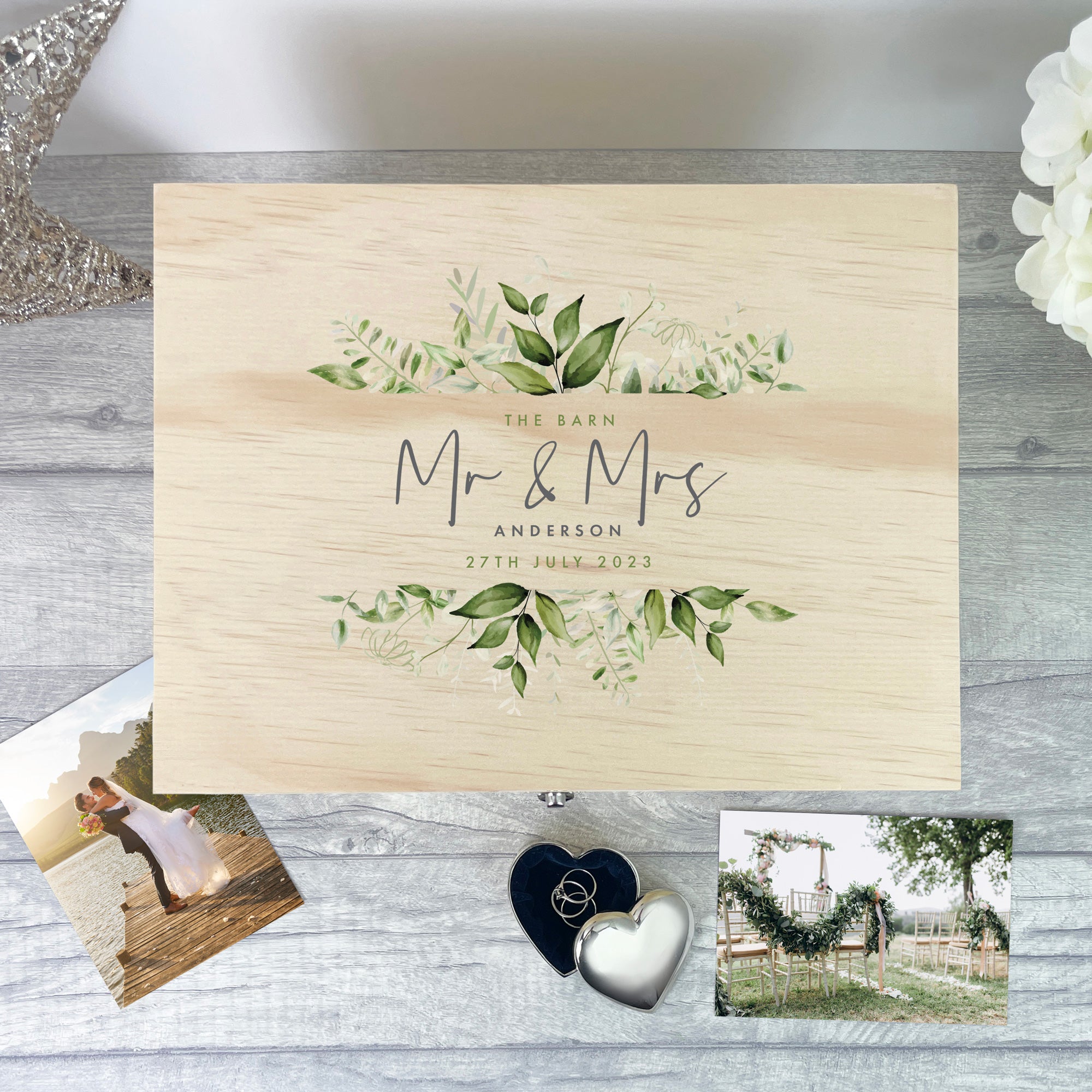 Personalized Wooden Wedding Memory Box - Custom Botanical Keepsake Gift for Couples (5 Sizes: 16cm, 20cm, 26cm, 30cm, 36cm) - Perfect for Anniversaries, Bridal Showers & Romantic Gift Giving