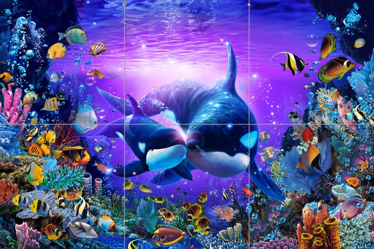 Ceramic Backsplash Tile Mural - Dolphin & Whale Underwater Ocean Scene - Kitchen, Bathroom & Shower Wall Decor - Christian Riese Lassen Art - Perfect for Coastal, Beach House or Nautical Themed Interiors