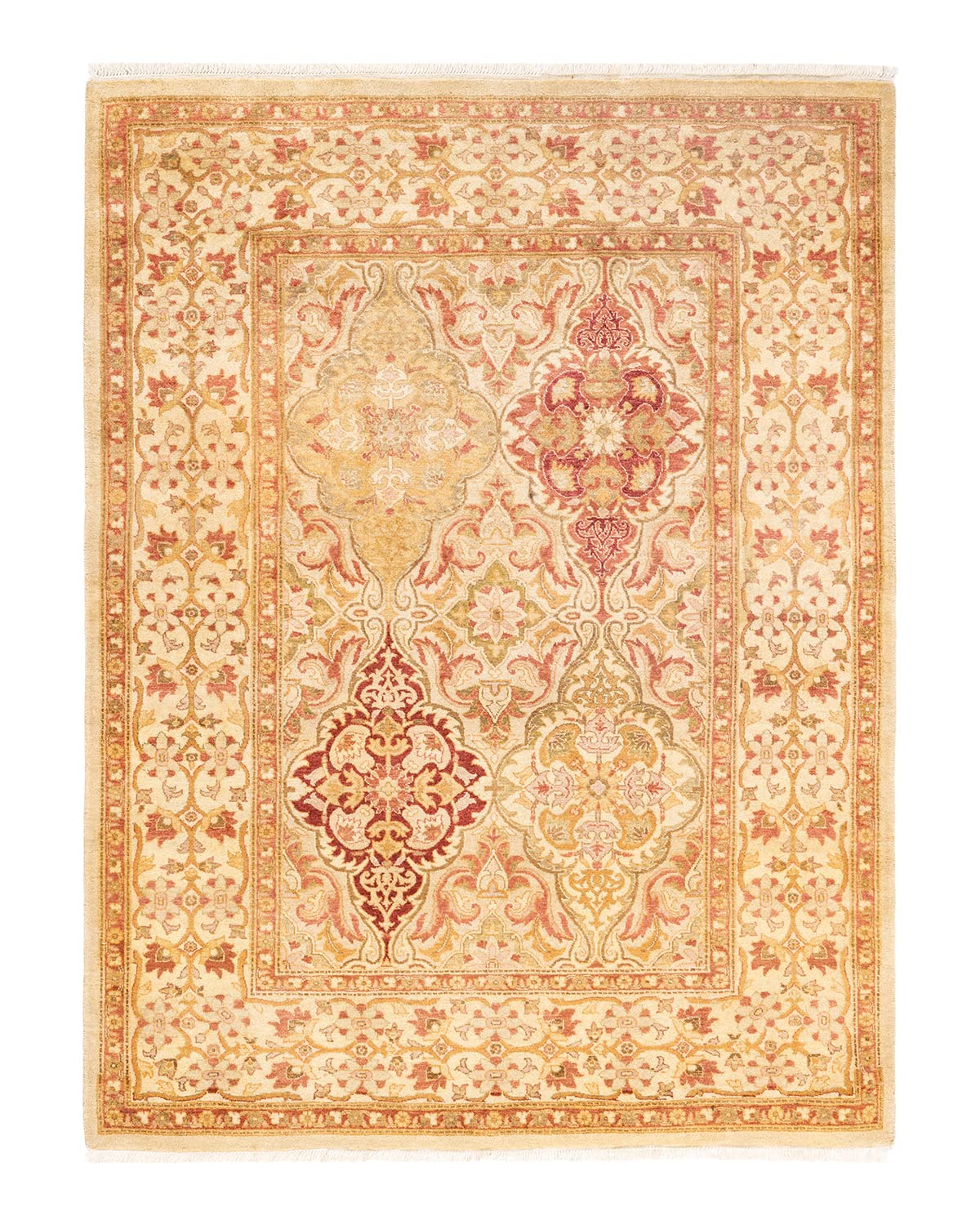 Handmade Traditional Oriental Mogul Ivory 4x6 Wool Area Rug - One of a Kind Hand Knotted Solo Rugs for Living Room, Bedroom & Home Decor