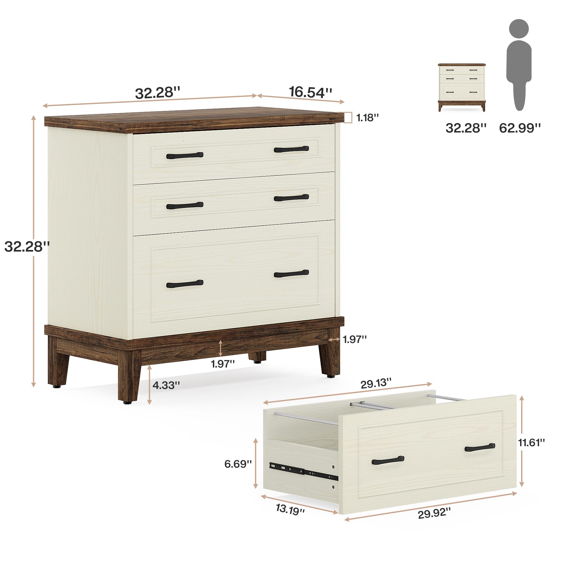 Tribesigns 3-Drawer Lateral File Cabinet for A4/Letter/Legal Size Documents - Wooden Office Storage Cabinet & Printer Stand in White/Walnut - Perfect for Home Office, Living Room & Workspace Organization