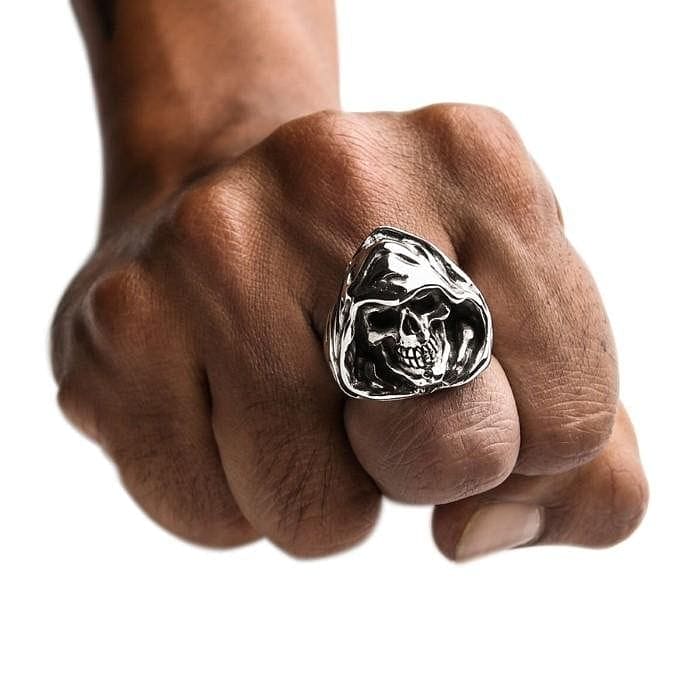 Grim Reaper Sterling Silver Hood Skull Ring for Men - Gothic Jewelry, Halloween Accessory, Biker Style Gift - Perfect for Dark Fashion & Costume Parties