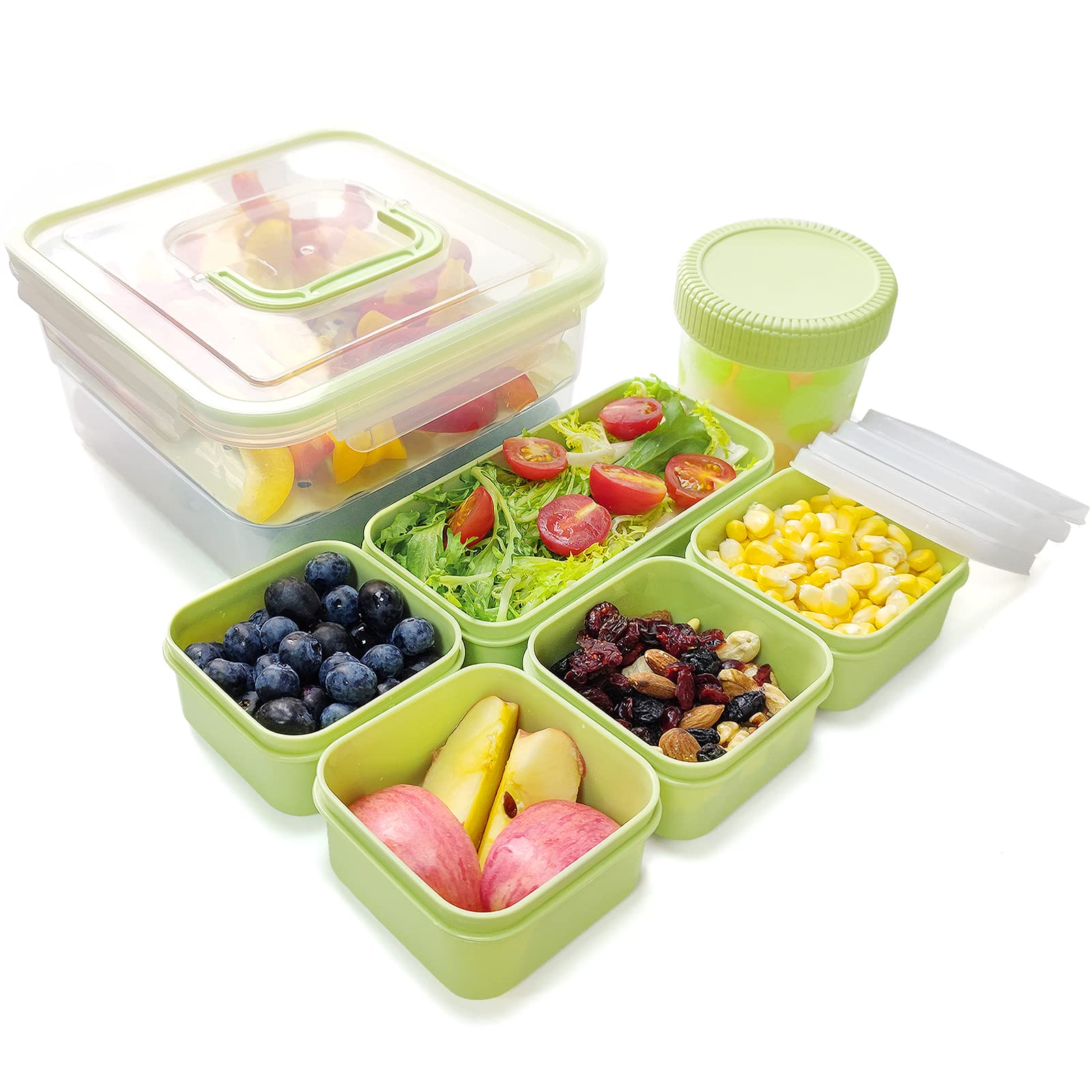 6-Piece Divided Airtight Food Storage Containers with Lids - Removable Compartments for Snacks, Meal Prep & Pantry Organization - Includes 1 Large Storage Box with Handle - Perfect for Lunch Boxes, Picnics & Kitchen Organization