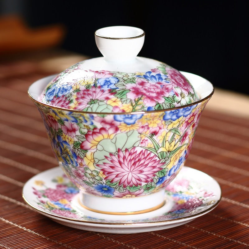 Premium Enamel Porcelain Flower Gaiwan Tea Set - Traditional Chinese Tea Cup with Lid & Saucer - Perfect for Gongfu Tea Ceremony, Home Decor, and Gift Giving