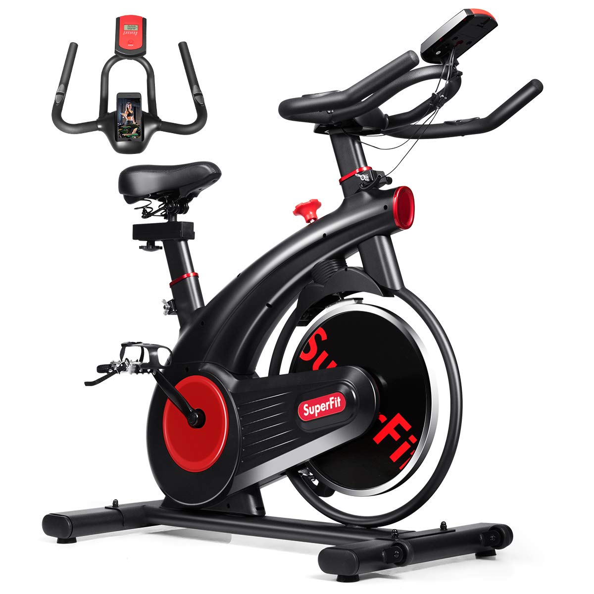 Moccha Indoor Cycling Bike - Silent Belt Drive Exercise Bike with 20 LBS Steel Flywheel, Adjustable Resistance & Heart Rate Monitor - Perfect for Home Gym, Cardio Workouts & Indoor Training - Black and Red