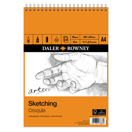 Daler Rowney Arteco Sketching Spiral Pad A4 - Premium Sketchbook for Artists, 60 Sheets, 100gsm, Acid-Free Paper - Perfect for Drawing, Sketching & Mixed Media Art