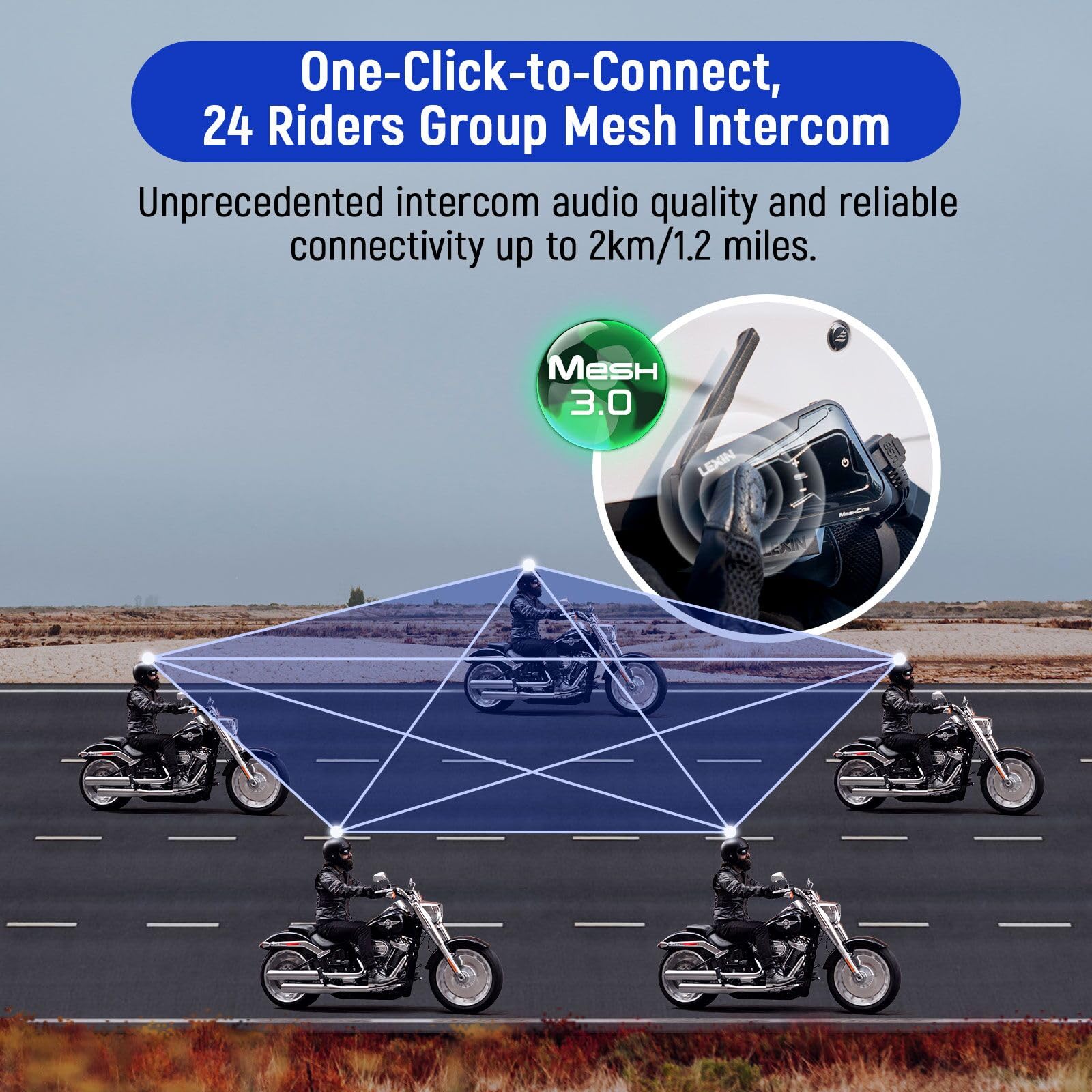 LEXIN MeshCom Motorcycle Bluetooth Headset - Mesh Group Helmet Communication System with Audio Multitasking, Music Sharing & IP67 Waterproof - Dual Pack for Riders (Ideal for Group Rides, Touring & Daily Commuting)