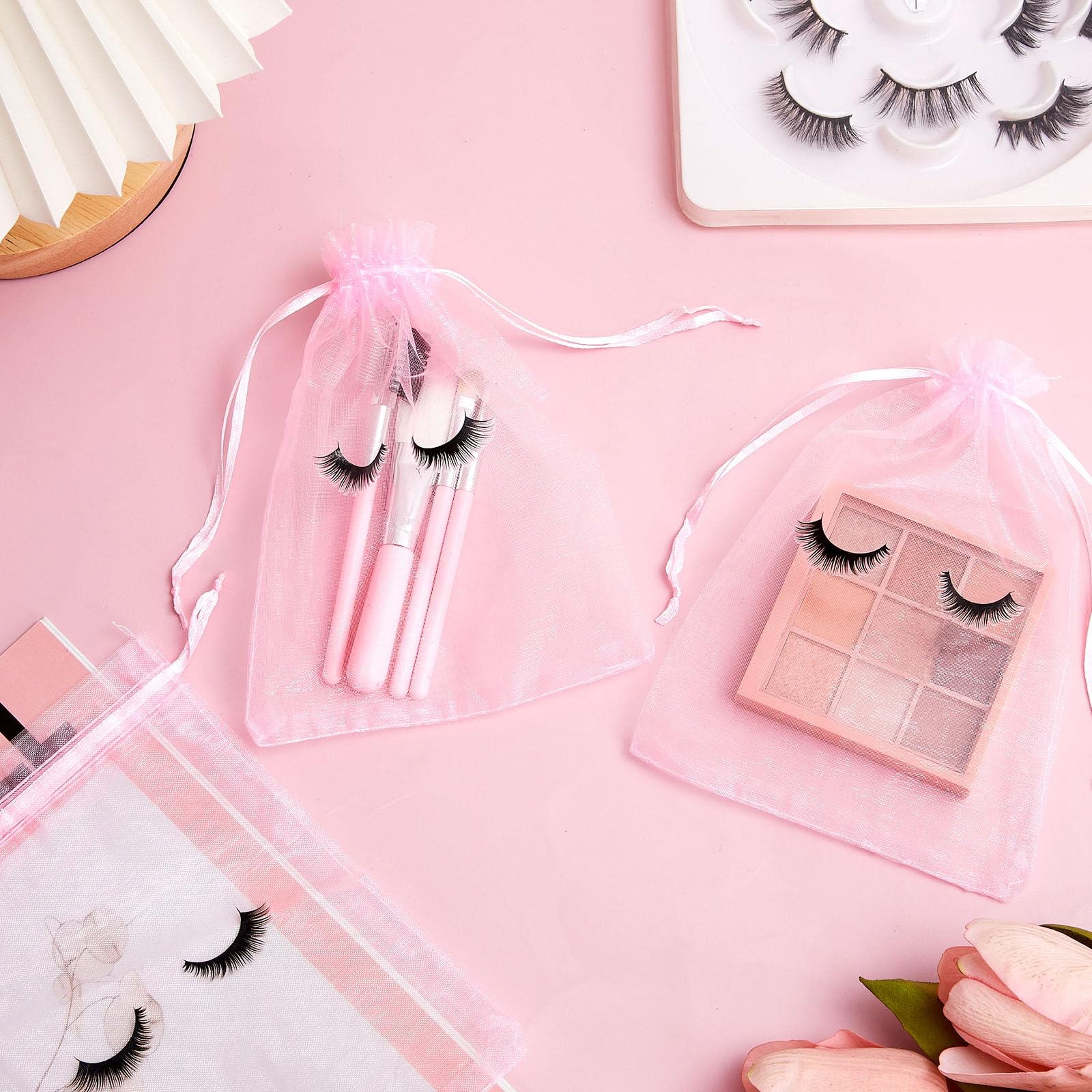 100 Pcs Eyelash Extension Aftercare Bags - Pink & Black Drawstring Cosmetic Pouches (7x5 Inch) for Makeup, Jewelry & Beauty Supplies | Perfect for Lash Techs, Salons & Gift Packaging