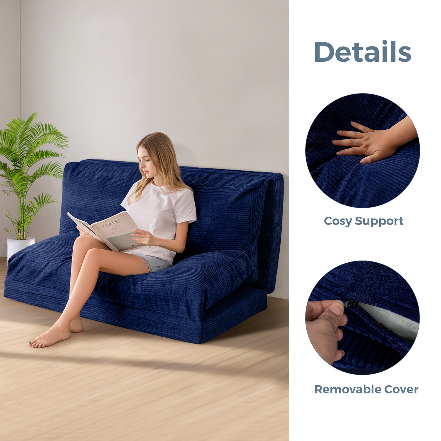 MAXYOYO Foldable Bean Bag Sofa Bed with Washable Corduroy Cover - Navy Blue | Comfortable Lounge Chair for Living Room, Bedroom & Dorm | Perfect for Relaxing, Reading & Napping