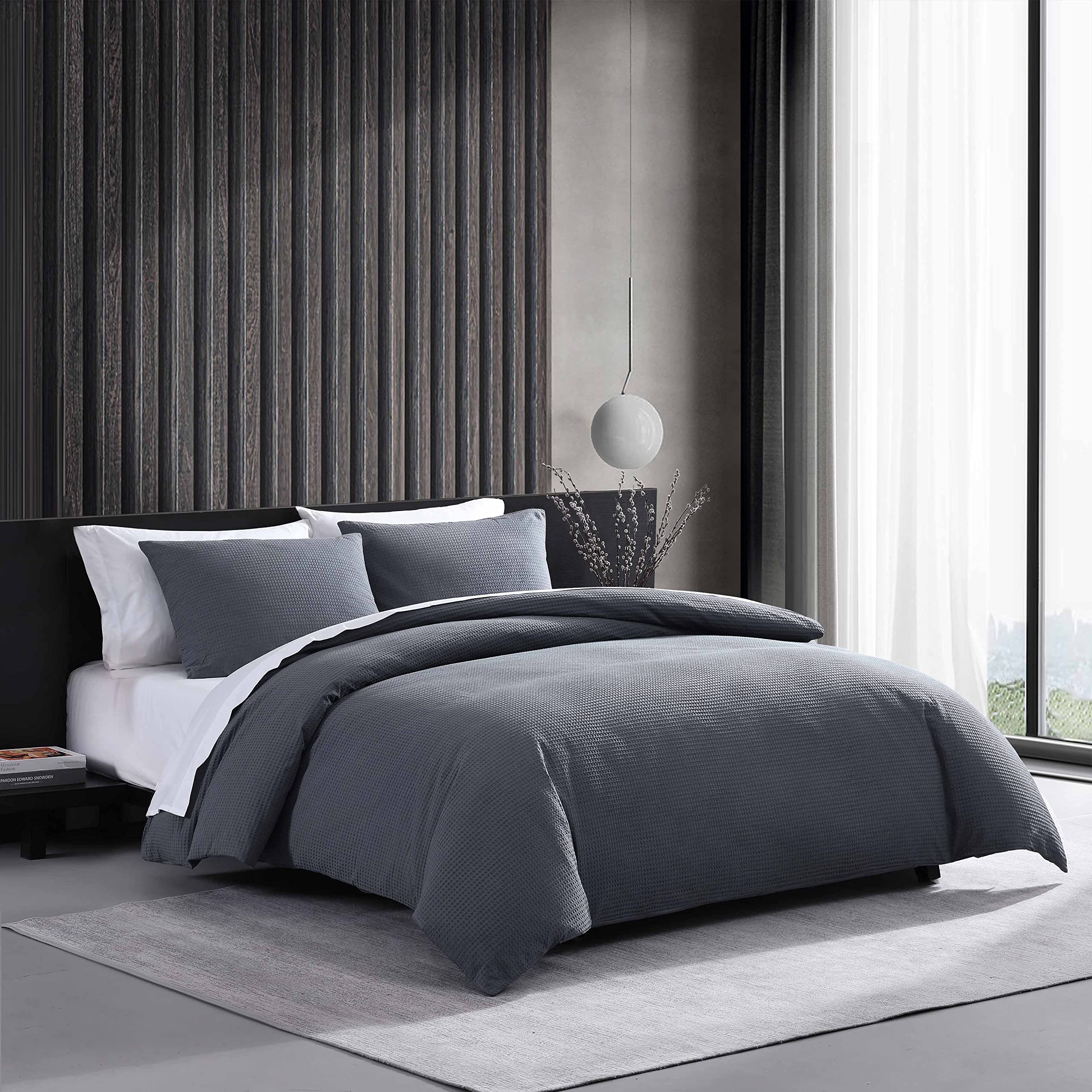 Vera Wang King Duvet Cover Set - 100% Soft Cotton Luxury Bedding with Matching Shams, Button Closure, Waffle Pique Midnight Design | Elegant Bedroom Decor for Master Suite, Guest Room & Hotel Style Upgrade