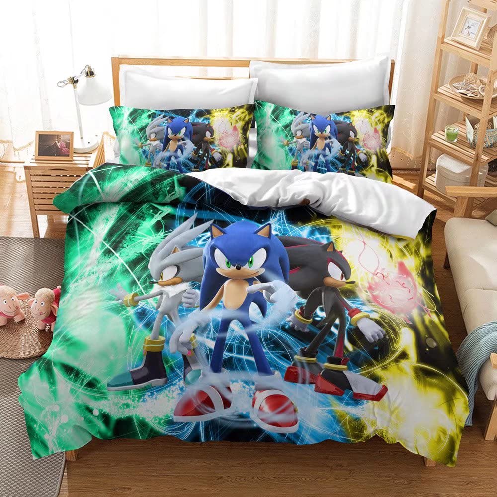 AMLUCASBRIDAL Twin Size Sonic Themed Bedding Set - Duvet Cover & Sheet Set for Kids Room Decor (Yellow, Blue, Green) | Soft & Breathable Cotton | Perfect for Boys & Girls Bedrooms, Sleepovers & Themed Room Decorations