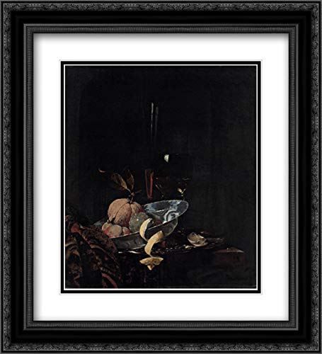 Willem Kalf Still Life Painting Print - Fruit, Glassware & Wanli Bowl in 20x22 Black Ornate Frame with Double Mat - Museum Quality Wall Art for Dining Room, Living Room Decor