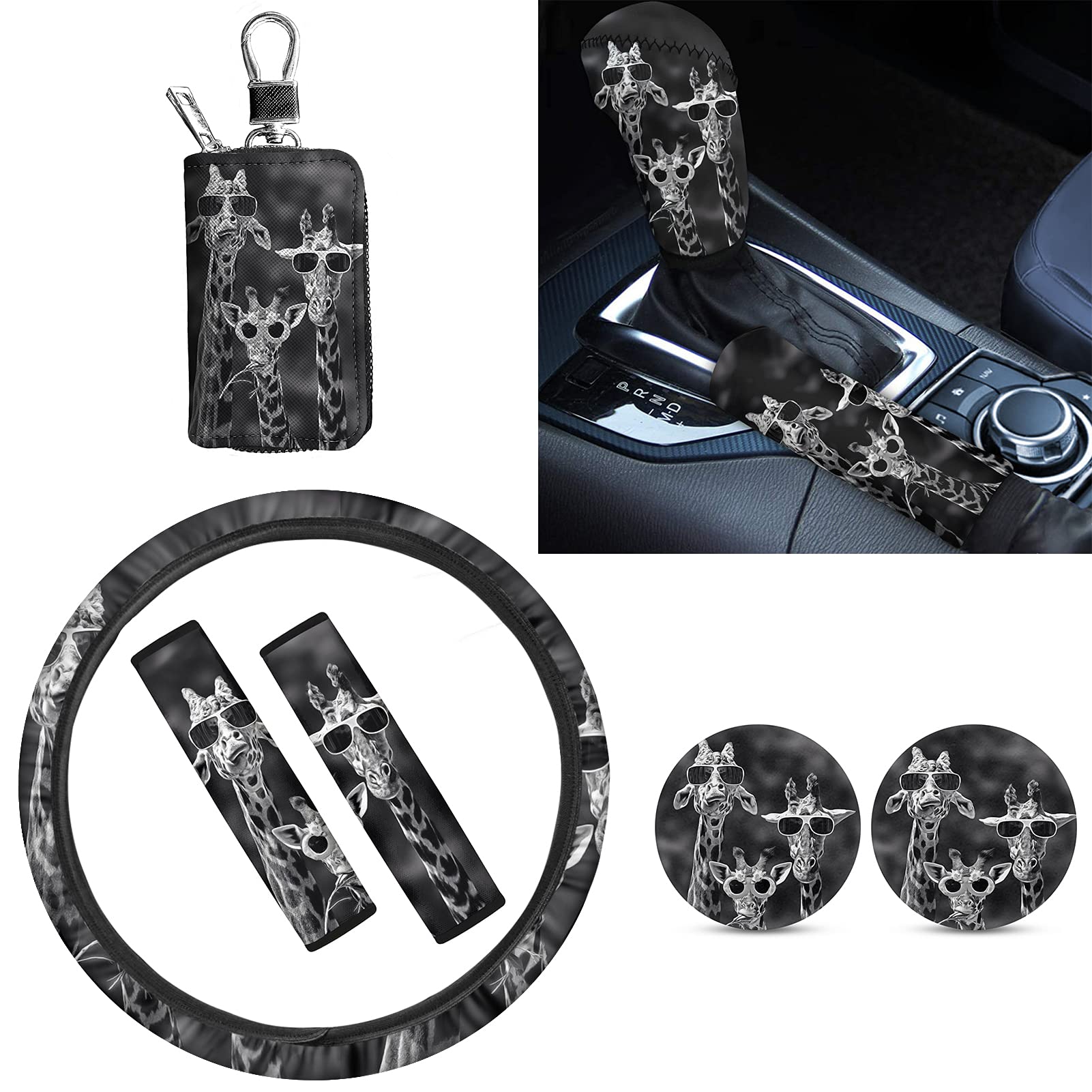 Suobstales Cool Giraffe Car Seat Belt Cover - Soft Steering Wheel Pad & Car Cup Coaster Set - Durable Motorcycle Keychains for Women - Perfect for Road Trips, Commuting & Gift Giving