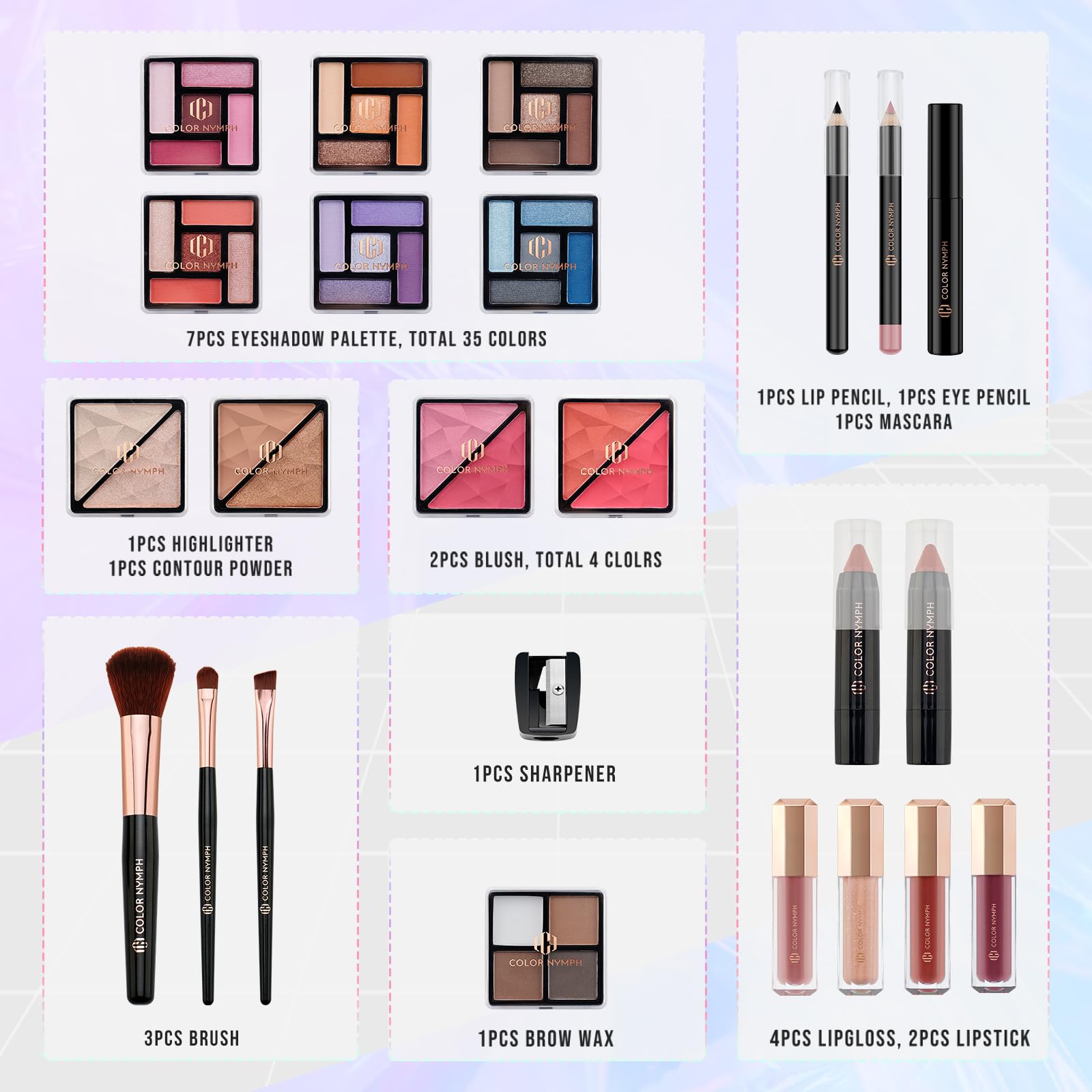 Professional Color Nymph Makeup Kit for Women & Teens - 35 Color Eyeshadow Palette with Lipstick, Blush, Brushes, Lip Gloss & Mascara - Full Cosmetics Set in Travel Case for Everyday Makeup & Special Occasions