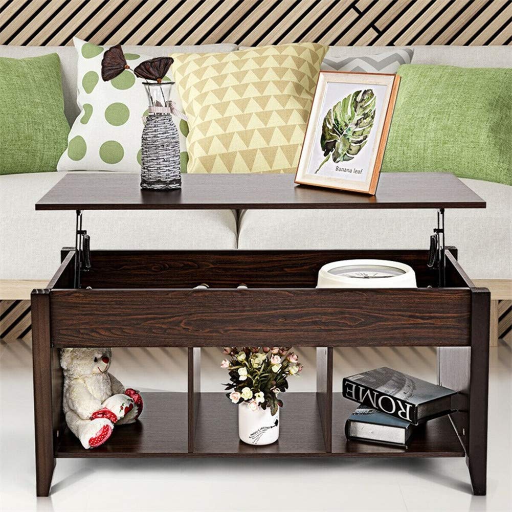 Modern Lift Top Coffee Table with Hidden Storage - Solid Wood Lift-Top Coffee Table for Living Room, Home Office, Dining - Brown Lift Table with Compartment for Books & Remotes