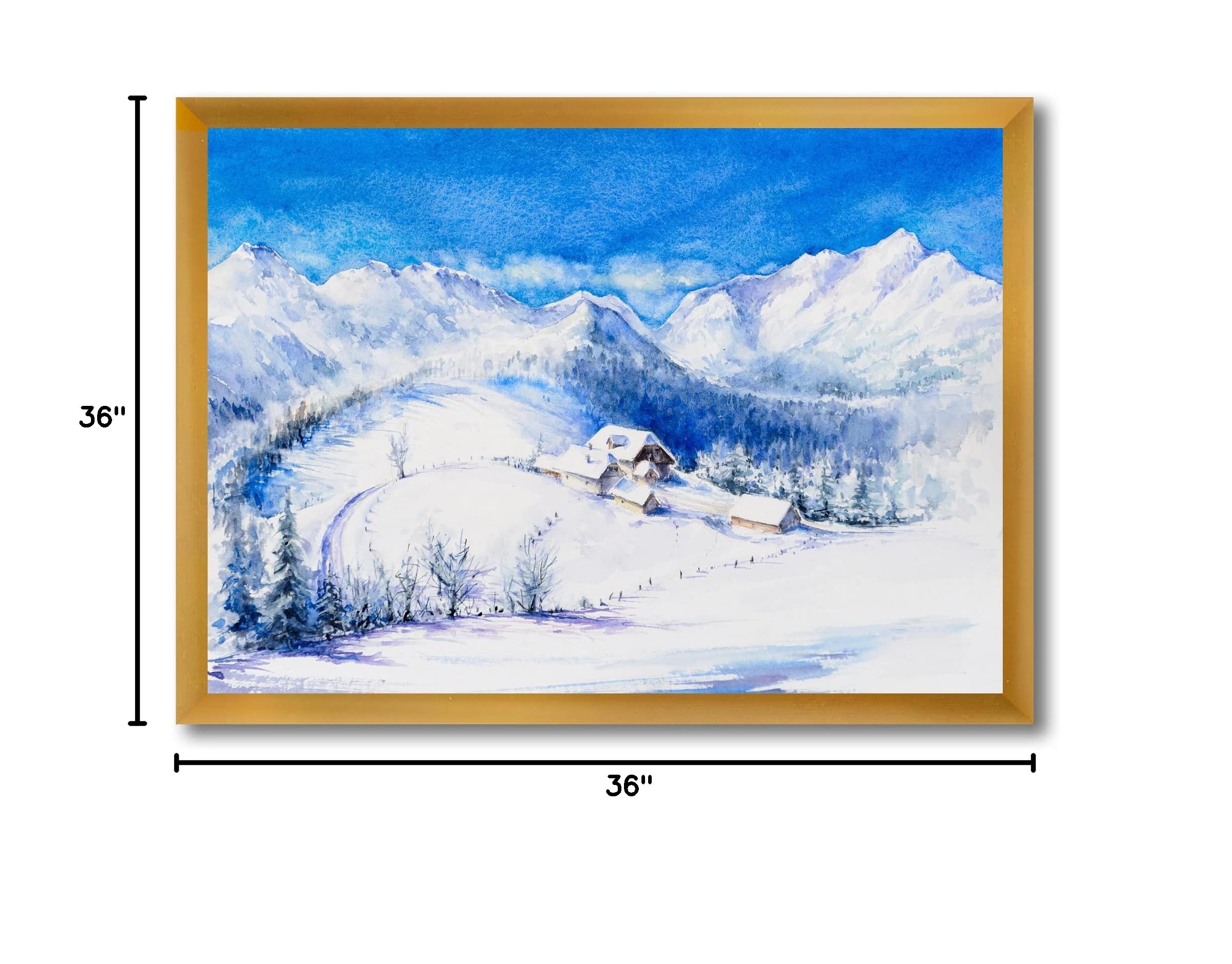 Winter Mountain Landscape With Wooden House - Traditional Framed Wall Art Decor for Living Room, Bedroom & Office - Cozy Cabin Scene Painting for Home & Gifts