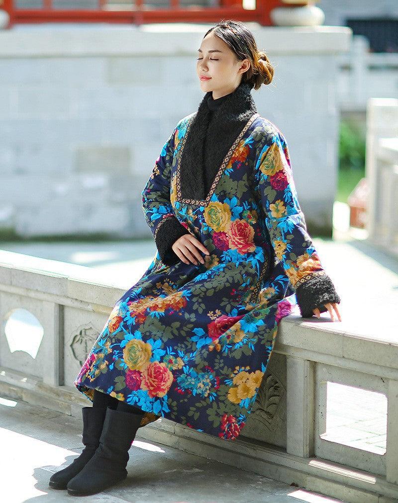 Embroidered Floral V-Neck Long Cotton Dress for Women - Winter Casual Wear for Parties, Dates & Office Outfits
