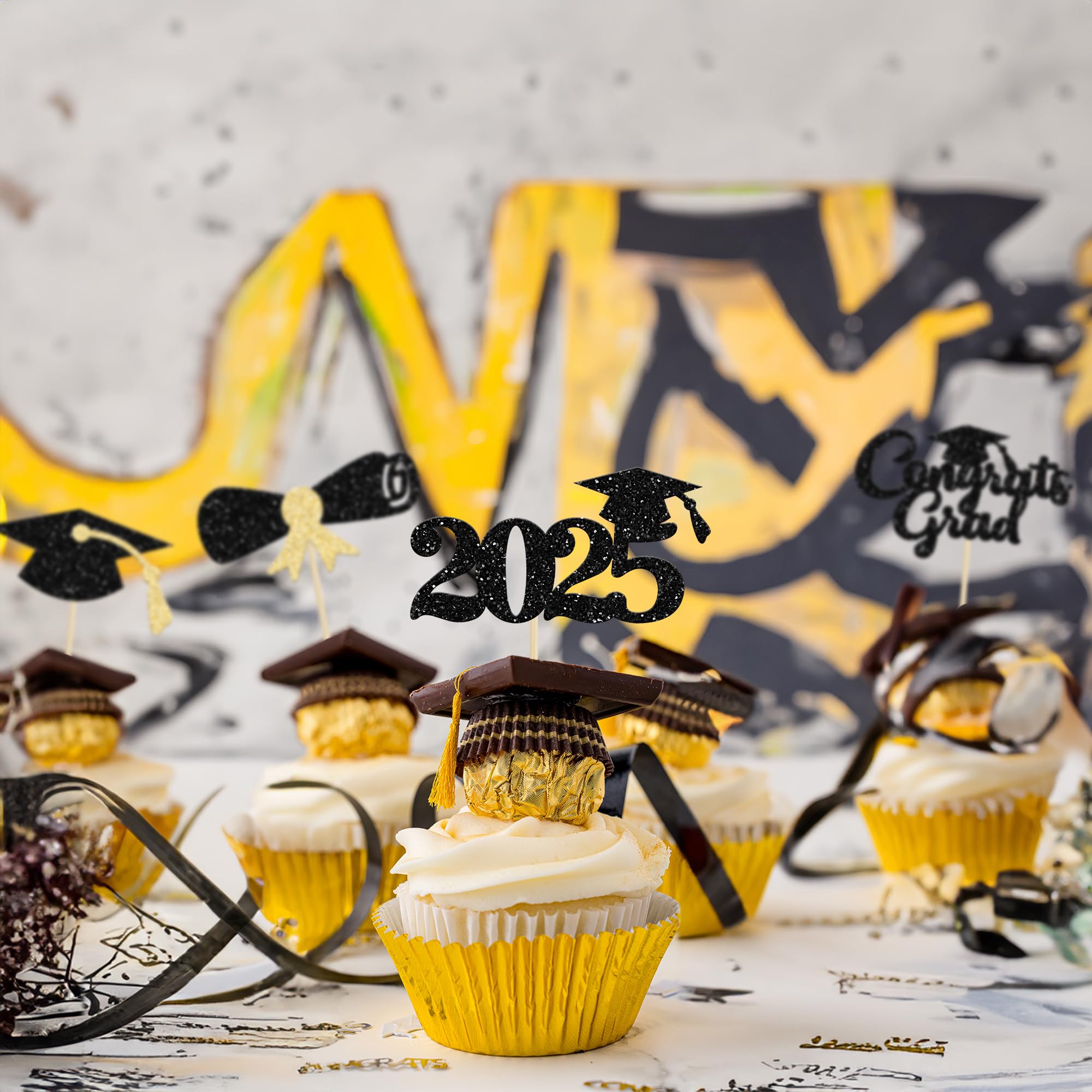 24Pcs Class of 2025 Graduation Cupcake Toppers - Gold Glitter Graduation Cap & Diploma Cake Decorations for 2025 Graduation Party, Birthday, School Celebrations