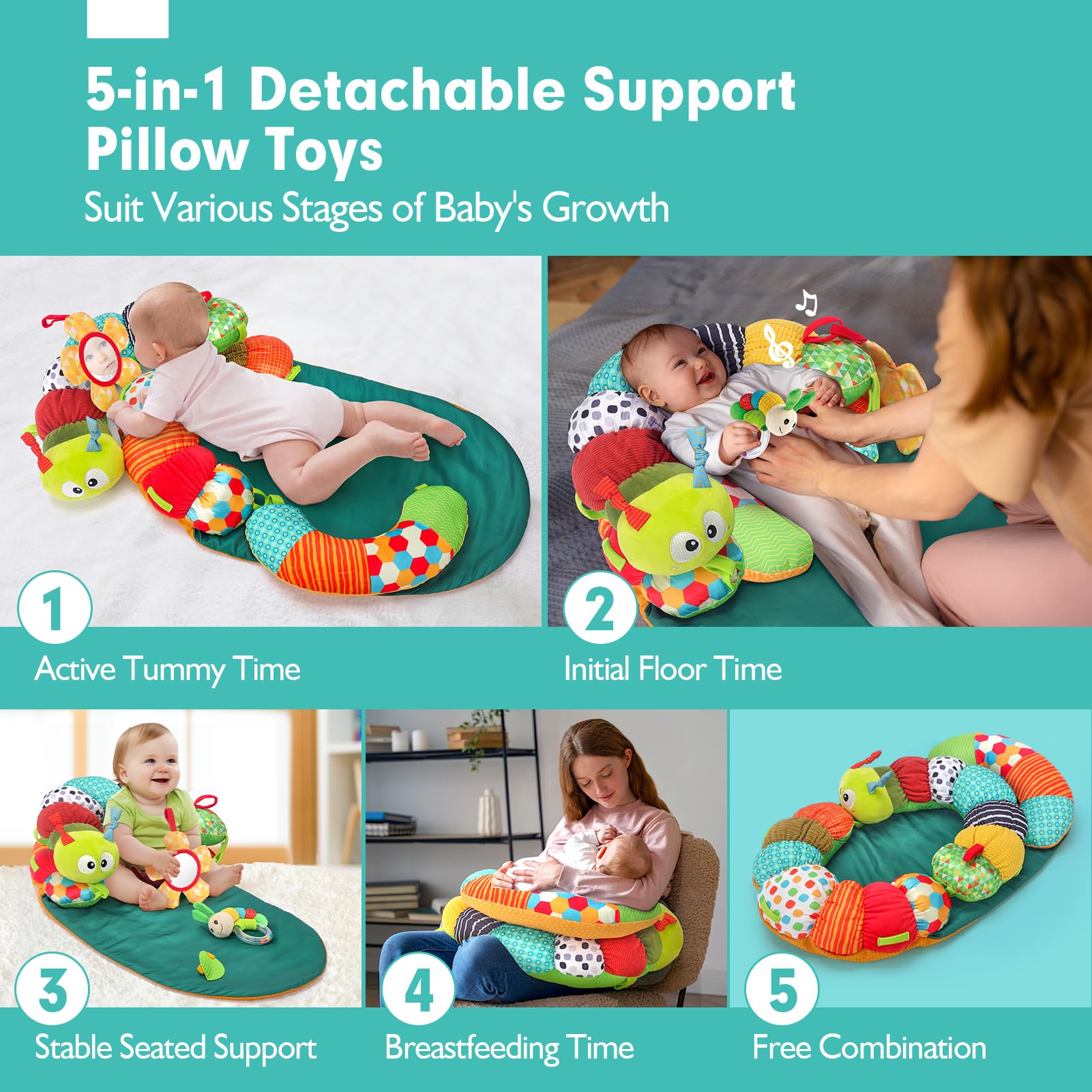 3-in-1 Caterpillar Baby Activity Playmat - Tummy Time & Seated Support Toy for Newborns 0-6 Months | Sensory Developmental Toys for Infants | Perfect Baby Shower Gift & Birthday Present for Boys & Girls | Great for Nursery Playtime & Early Learning Activities